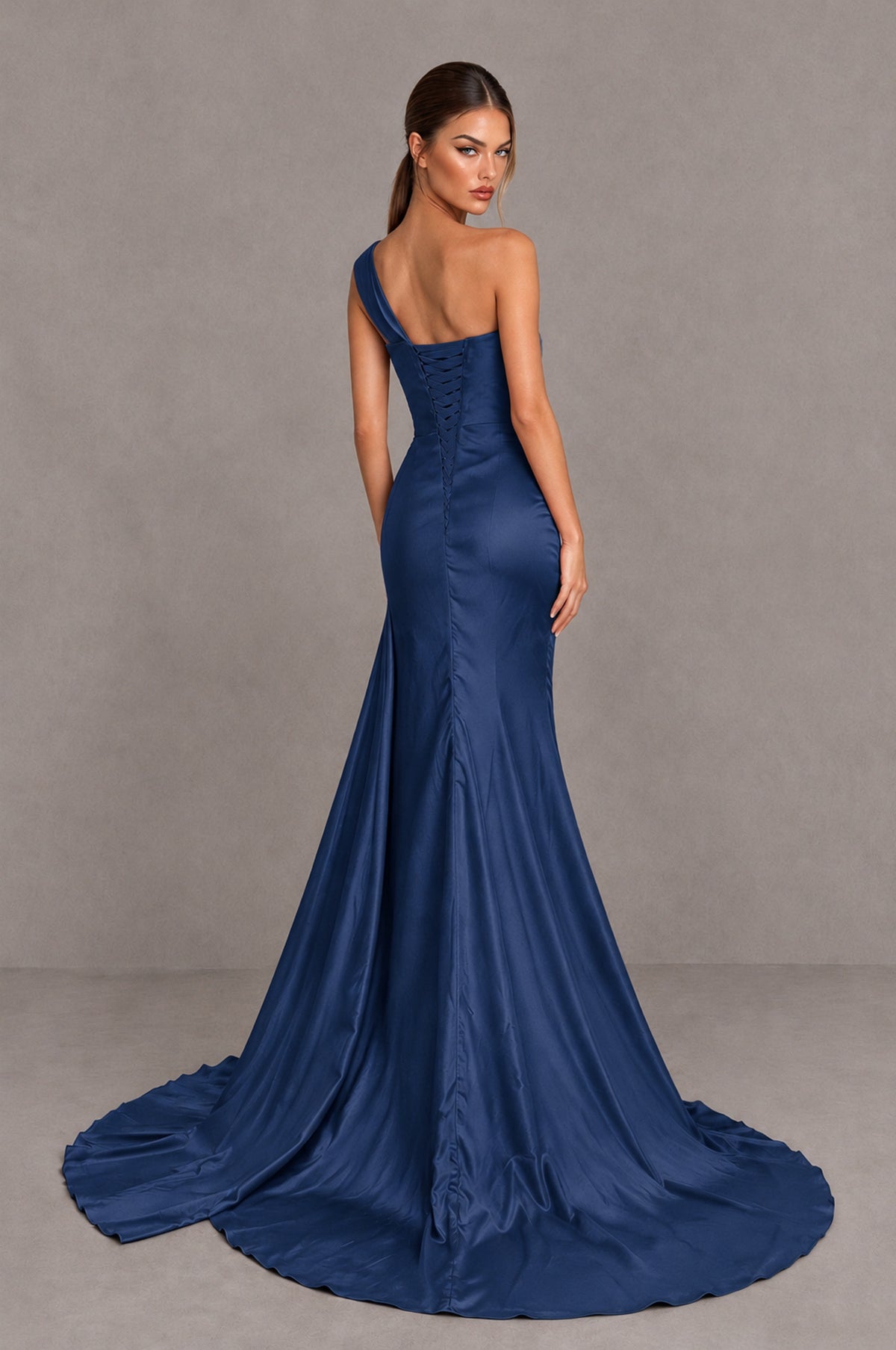 BOLODOO Navy Blue One Shoulder Satin Mermaid Evening Dress with Ruched Slit Skirt - Navy Blue - Navy Blue_2