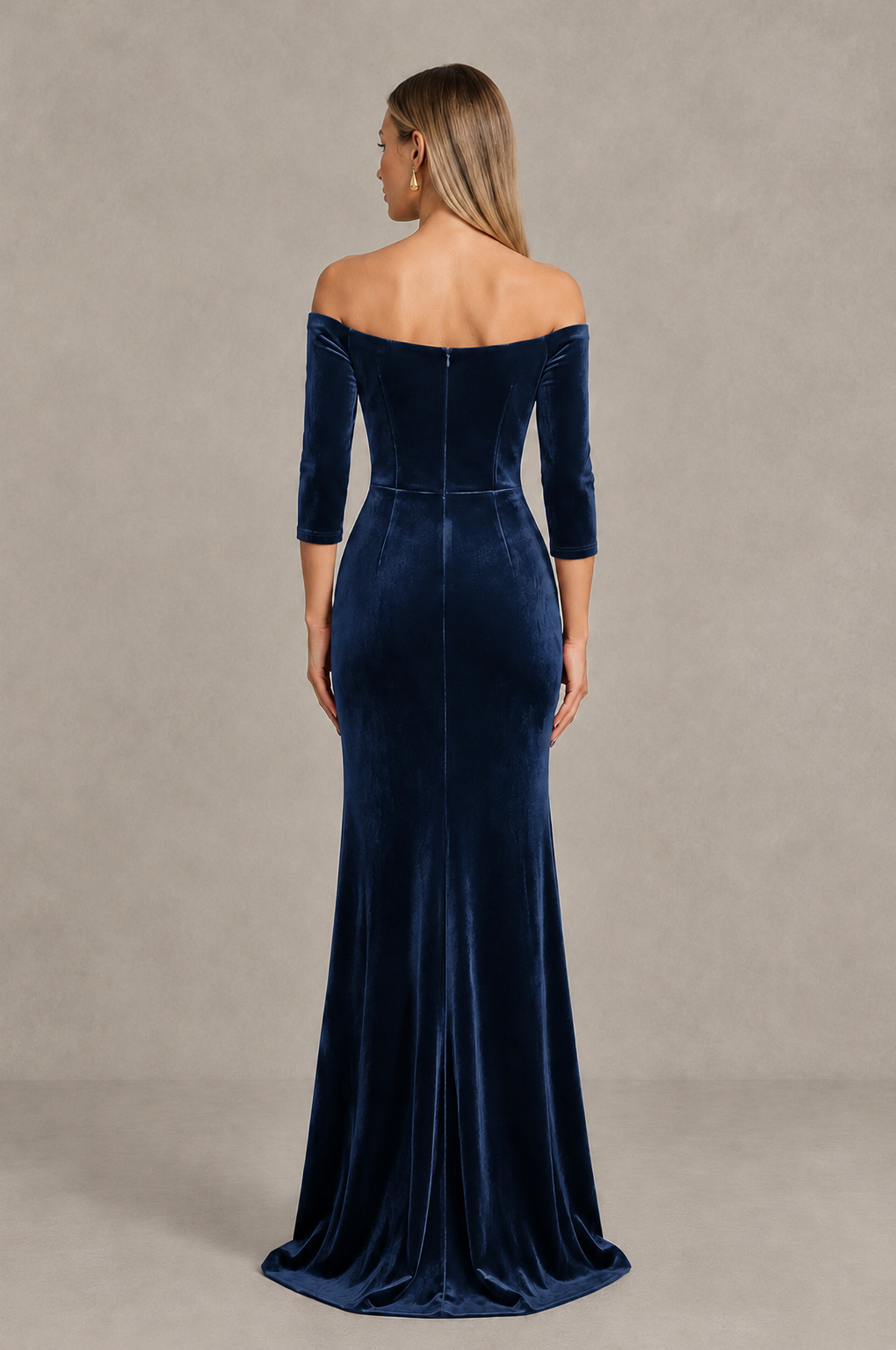 BOLODOO Navy Blue Off-Shoulder Velvet Evening Dress with High Slit - Navy Blue - Navy_Blue_2