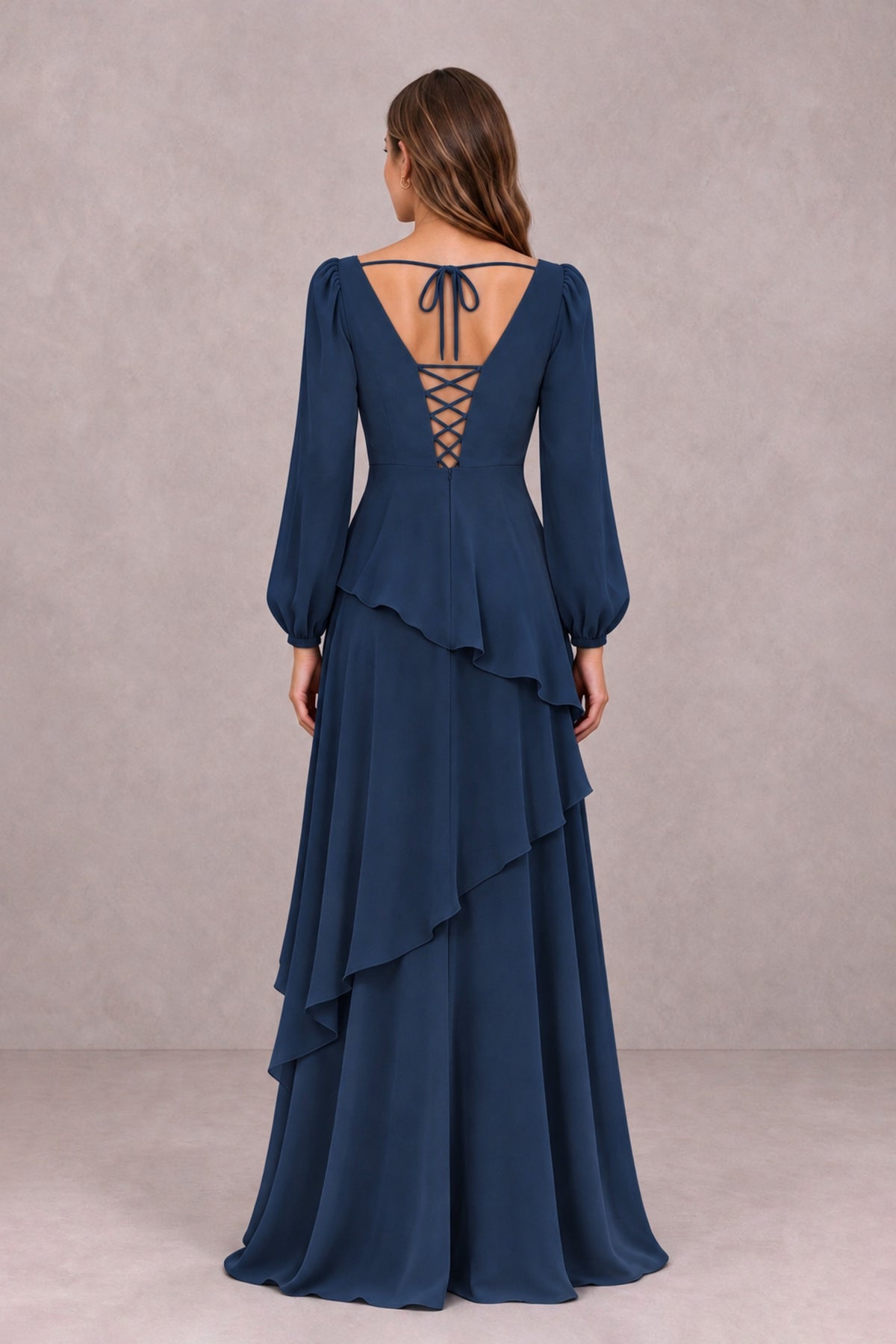 BOLODOO Navy Blue Long Sleeve Ruffle Bridesmaid Dresses - Navy Blue - Navy Blue_2