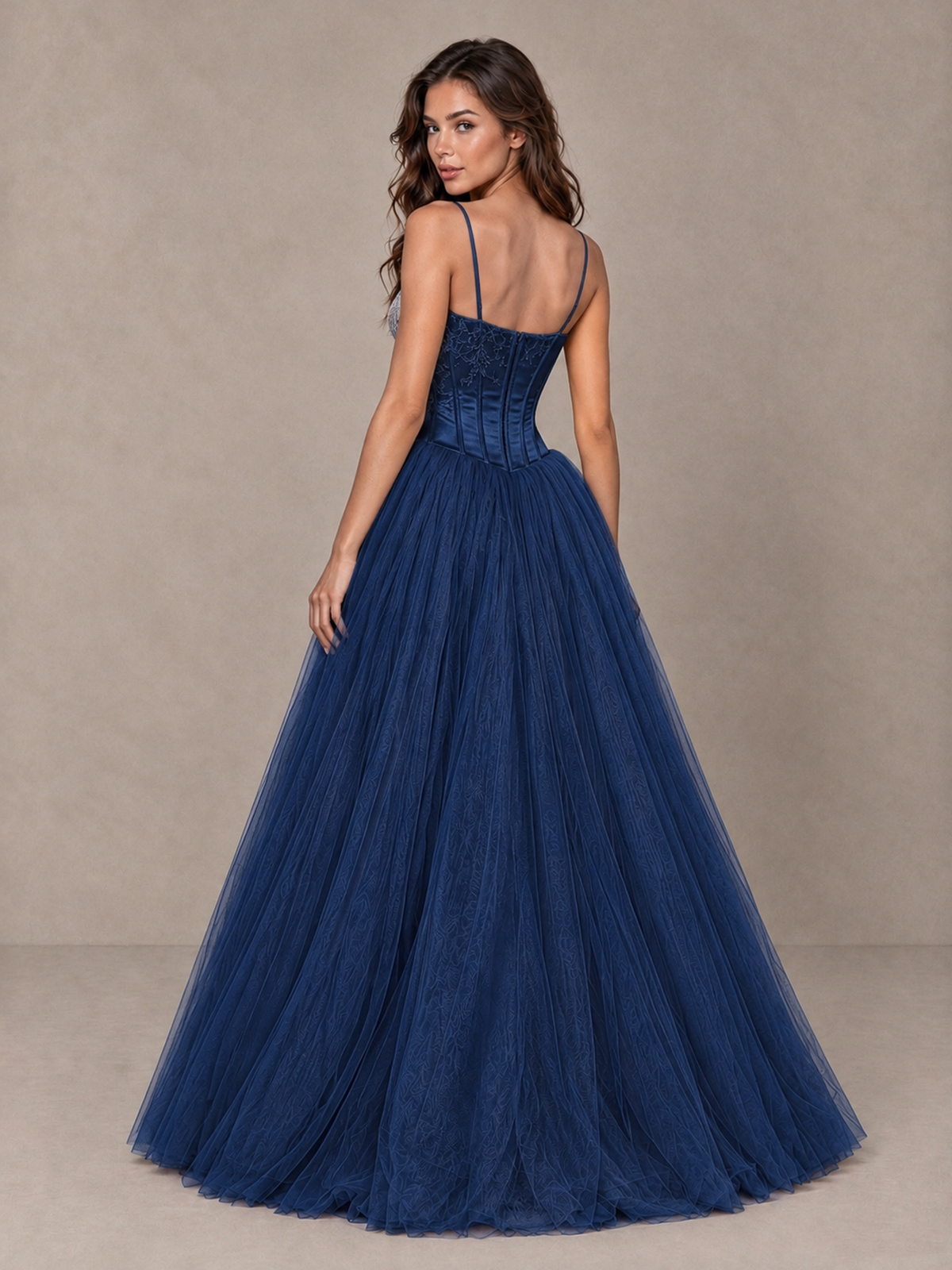 BOLODOO Navy Blue Corset Tulle Prom Dress with Spaghetti Straps - Navy Blue - Navy_Blue_2