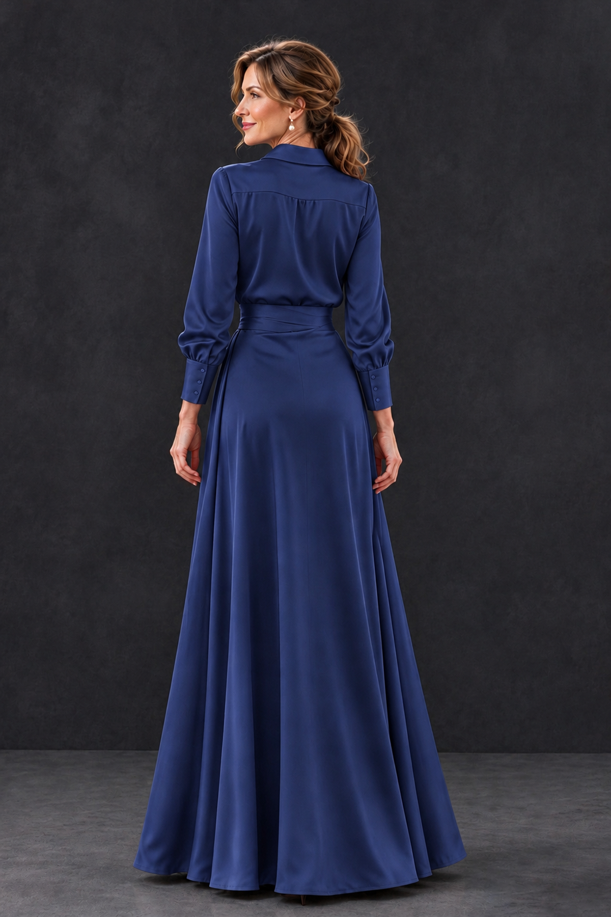 BOLODOO Navy Blue Long Sleeve Satin-Look Lace Panel Gown - Navy Blue - Navy Blue_2