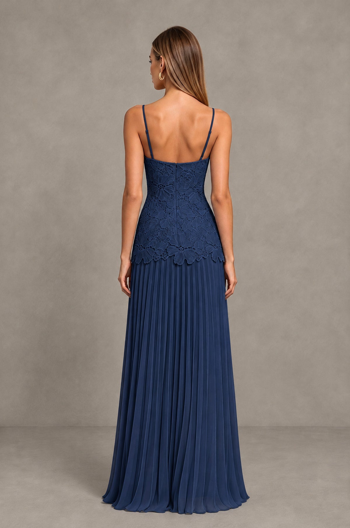 BOLODOO Navy Blue Lace Bodice Pleated Wedding Guest Dress - Navy Blue - Navy Blue_2