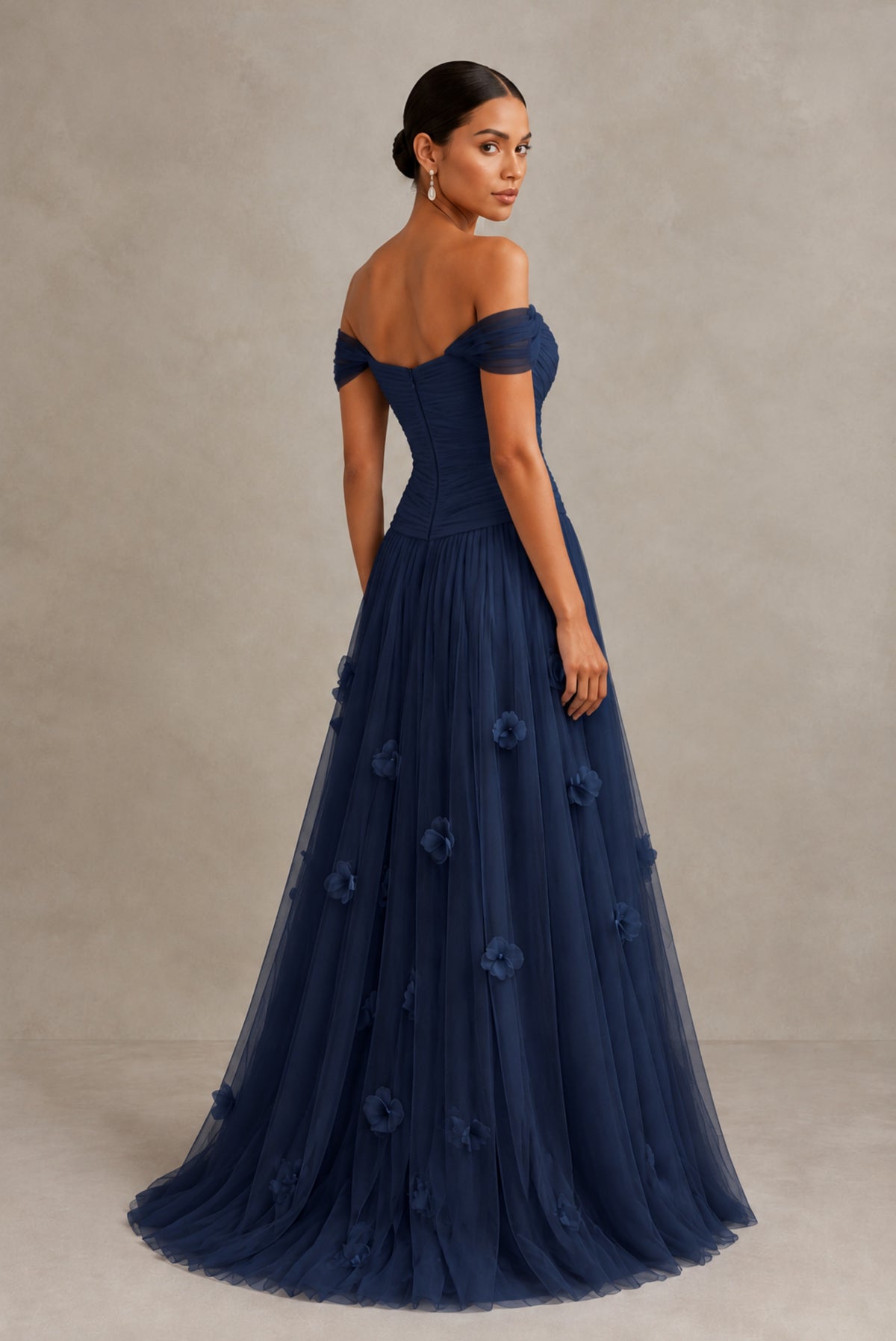 Navy Blue Off-Shoulder Sweetheart A-Line Tulle Gown with 3D Floral Appliques | BOLODOO - Navy Blue