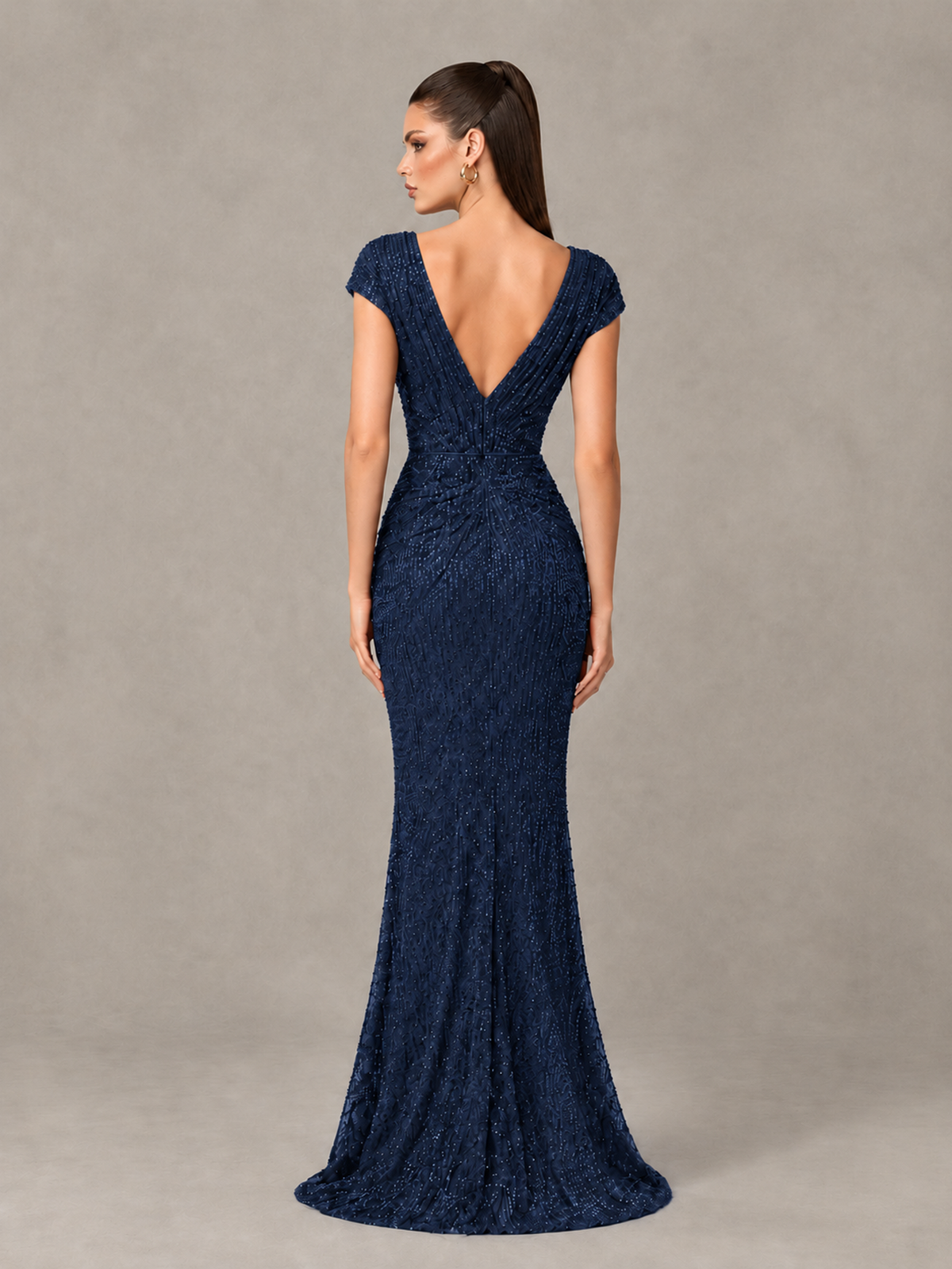 BOLODOO Navy Blue Glitter V-Neck Cap Sleeve Ruched Mermaid Evening Gown - Navy Blue - Navy Blue_2
