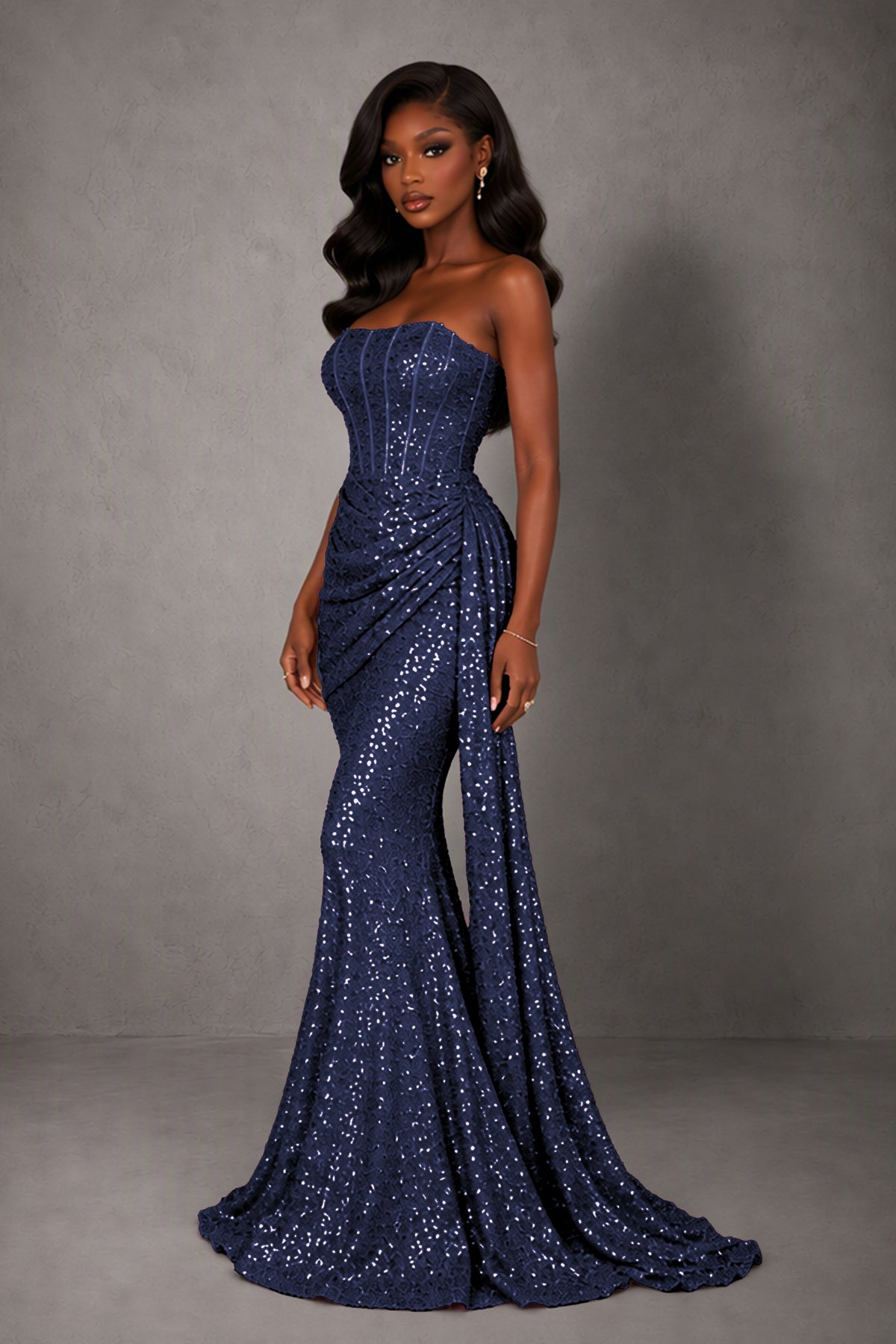 BOLODOO Navy Blue Sequin Strapless Corset Mermaid Evening Gown with Train - Navy Blue