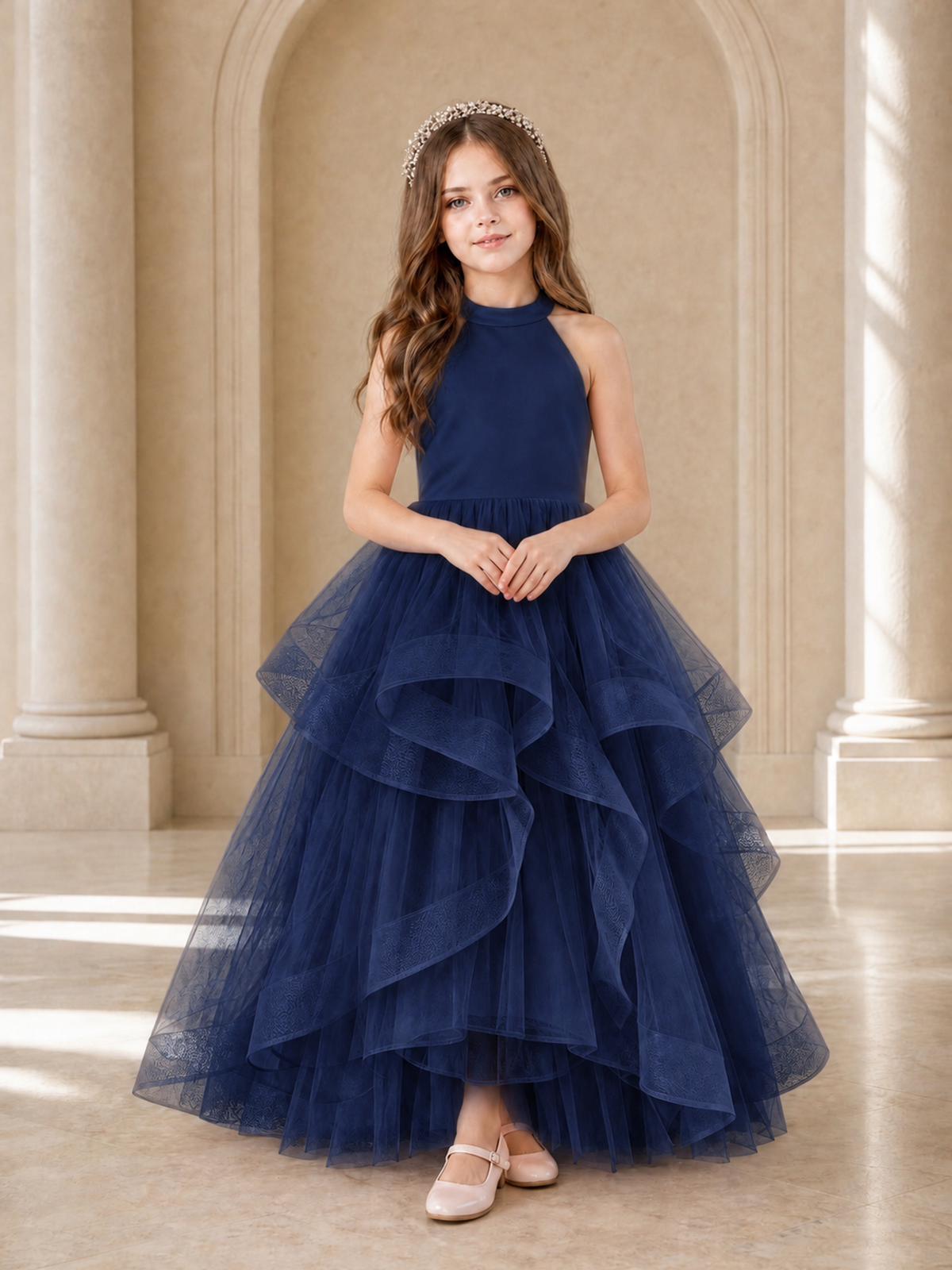 BOLODOO Navy Blue Halter Tiered Tulle Flower Girl Dress with Bow Back - Navy Blue - Navy Blue_2