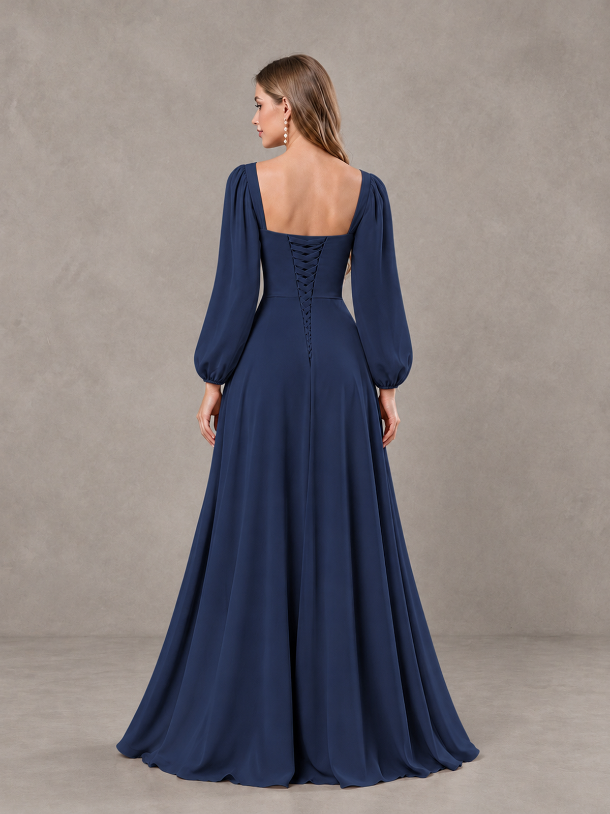 BOLODOO Navy Blue Square Neck Long Sleeve Bridesmaid Dress with Ruffle Slit - Navy Blue - Navy Blue_2