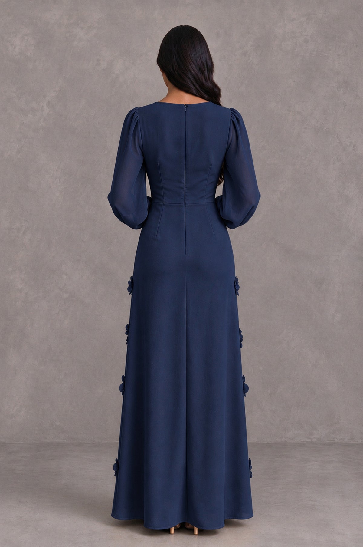 BOLODOO Navy Blue Long Sleeve Floral Applique A-Line Evening Dress - Navy Blue - Navy Blue_2
