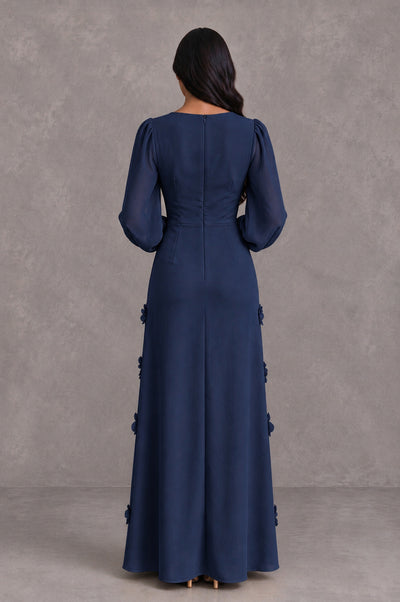 BOLODOO Navy Blue Long Sleeve Floral Applique A-Line Evening Dress - Navy Blue - Navy Blue_2