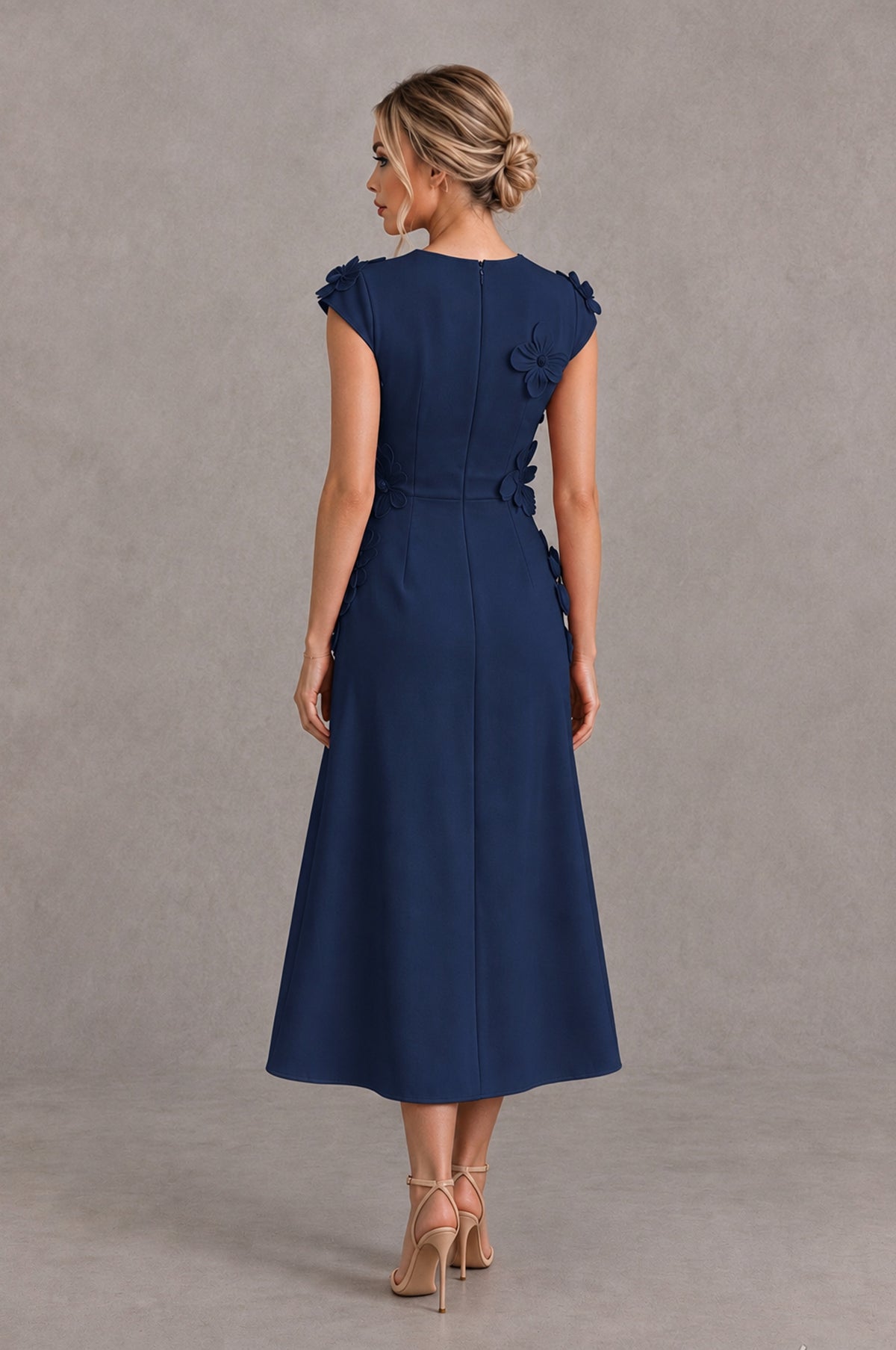 BOLODOO Navy Blue 3D Floral Cap Sleeve Midi Cocktail Dress - Navy Blue - Navy Blue_2