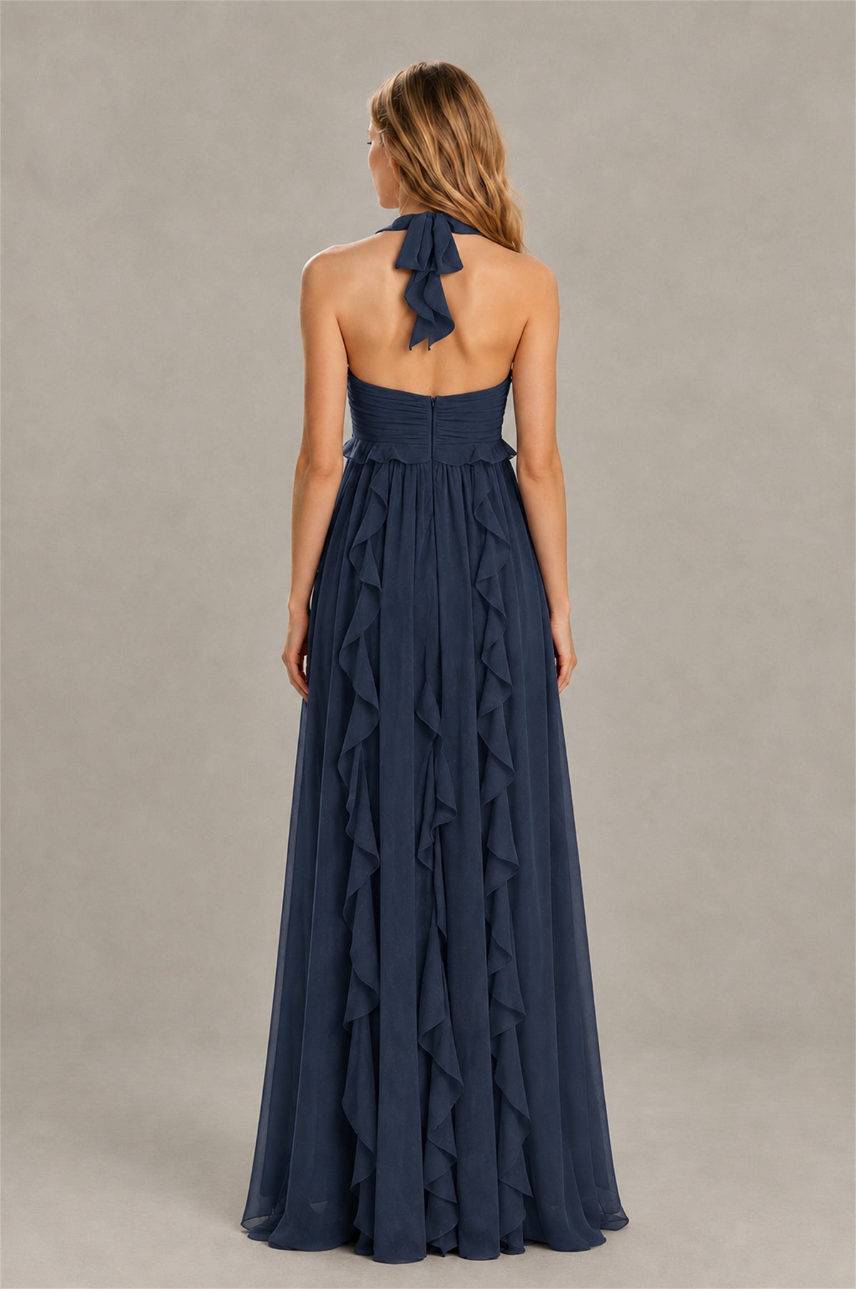 BOLODOO Navy Blue Halter Ruffle A-Line Floor-Length Evening Dress - Navy Blue - Navy_Blue_2