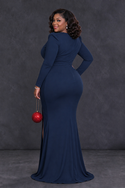 BOLODOO Navy Blue Plus Size Long Sleeve V-Neck Mother of the Bride Dress with Slit - Navy Blue - Navy Blue_2