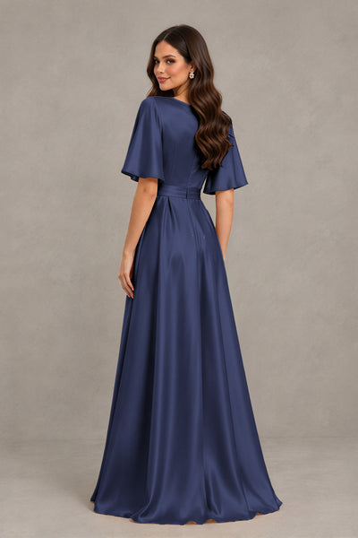 BOLODOO Navy Blue Satin V-Neck Flutter Sleeve Bridesmaid Dress with Slit - Navy Blue - Navy Blue(2)