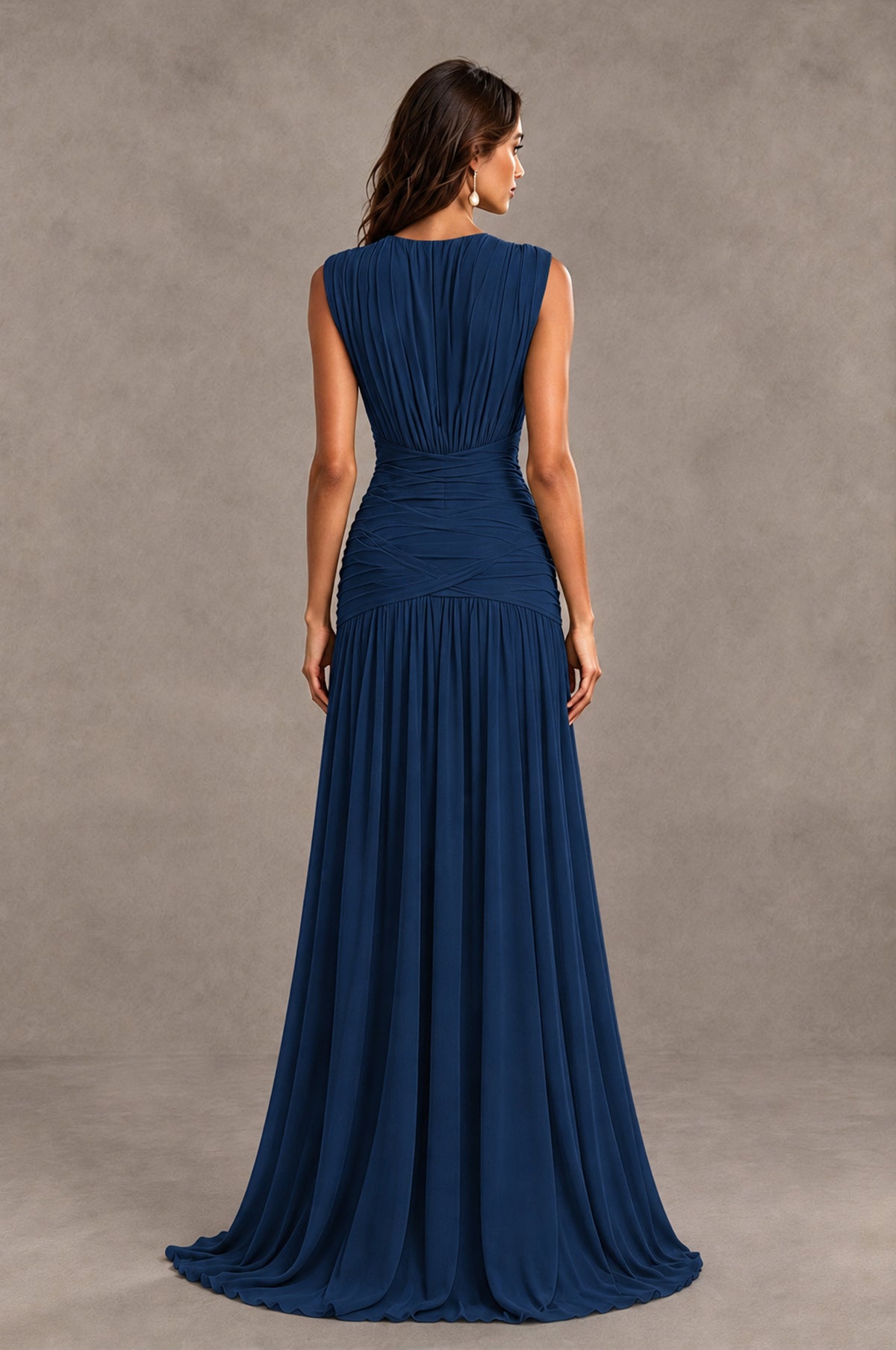 BOLODOO Navy Blue V-Neck Ruched Wedding Guest Dress - Navy Blue - Navy Blue_2