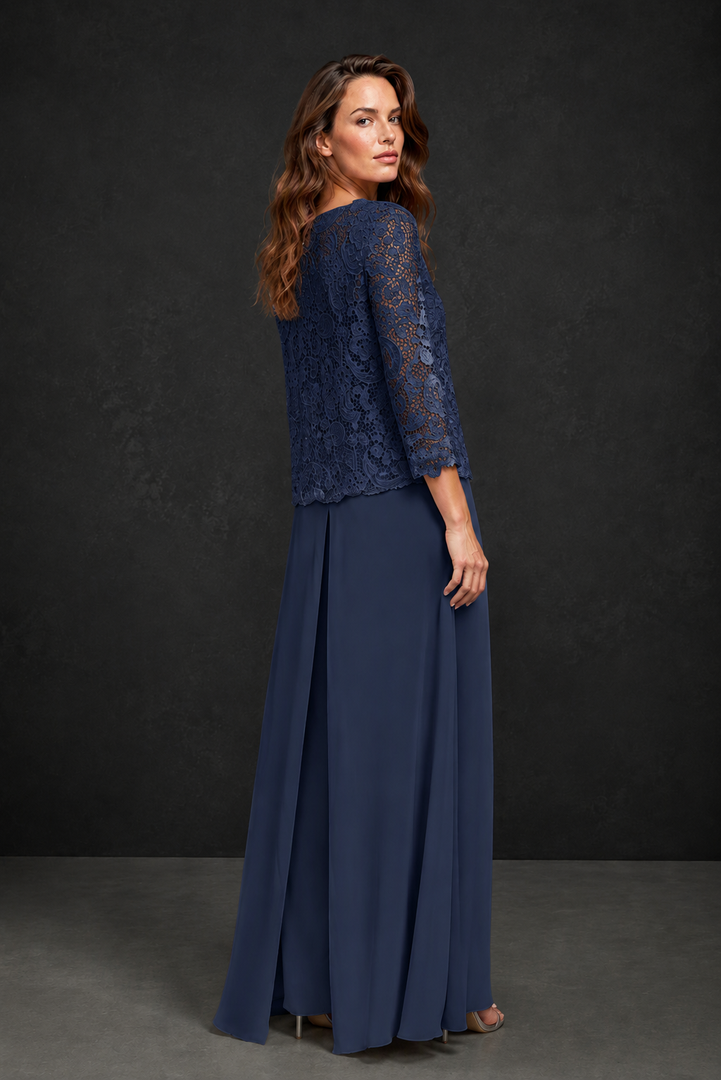 BOLODOO Navy Blue Grey Lace Peplum Top & Wide-Leg Chiffon Pants Set | Mother of the Bride & Formal Evening Outfit - Navy Blue
