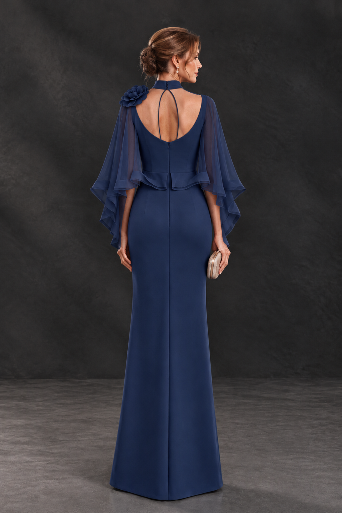 BOLODOO Navy Blue Floral Cape Sleeve Mother of the Bride Dress - Navy Blue - Navy_Blue_2