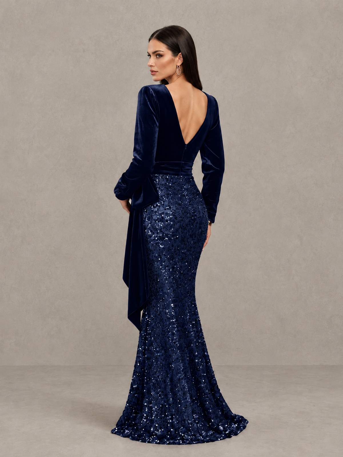 BOLODOO Navy Blue Velvet & Sequin Long Sleeve V-Neck Mermaid Evening Gown - Navy Blue - Navy Blue_2