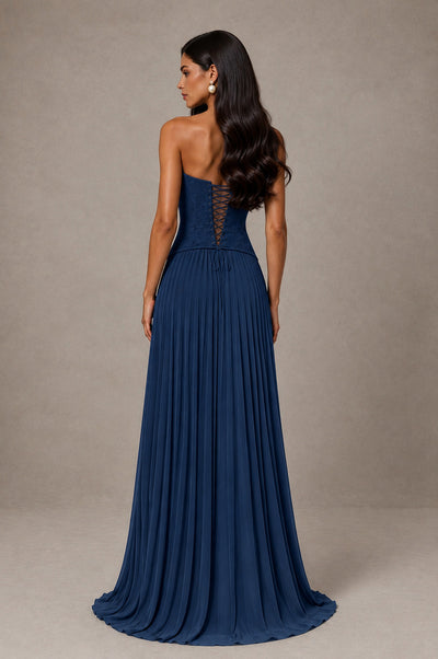 BOLODOO Navy Blue Halter Corset Pleated A-Line Evening Dress - Navy Blue - Navy Blue_2