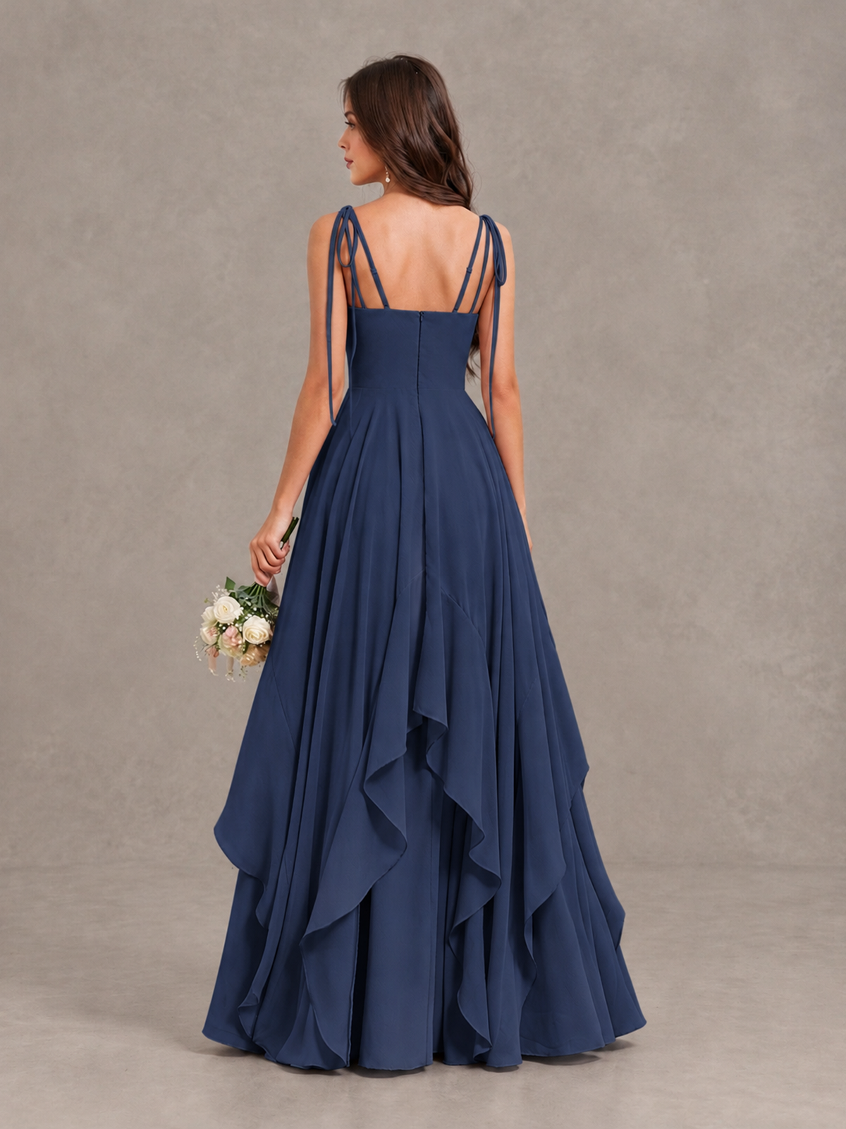 BOLODOO Navy Blue Tie-Strap Ruffle A-Line Bridesmaid Dress - Navy Blue - Navy Blue_2