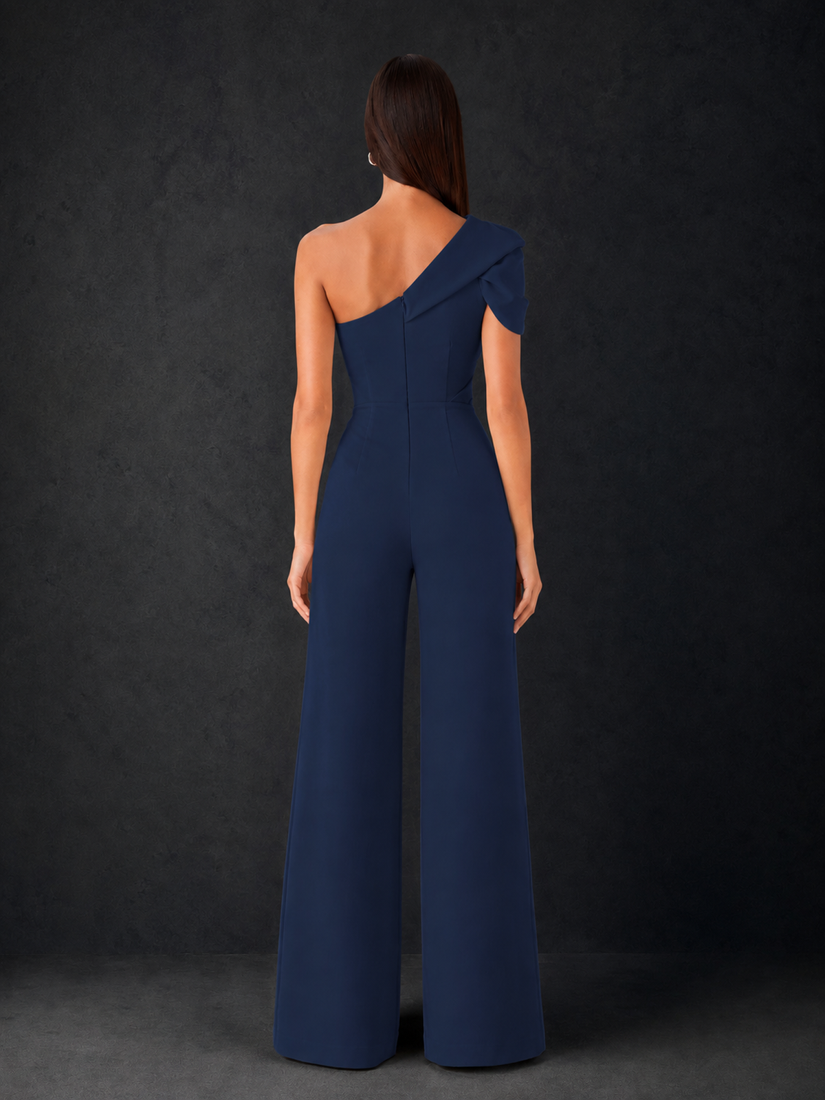 BOLODOO Navy Blue One-Shoulder Puff Sleeve Wide-Leg Jumpsuit with Front Slit and Open Back - Navy Blue