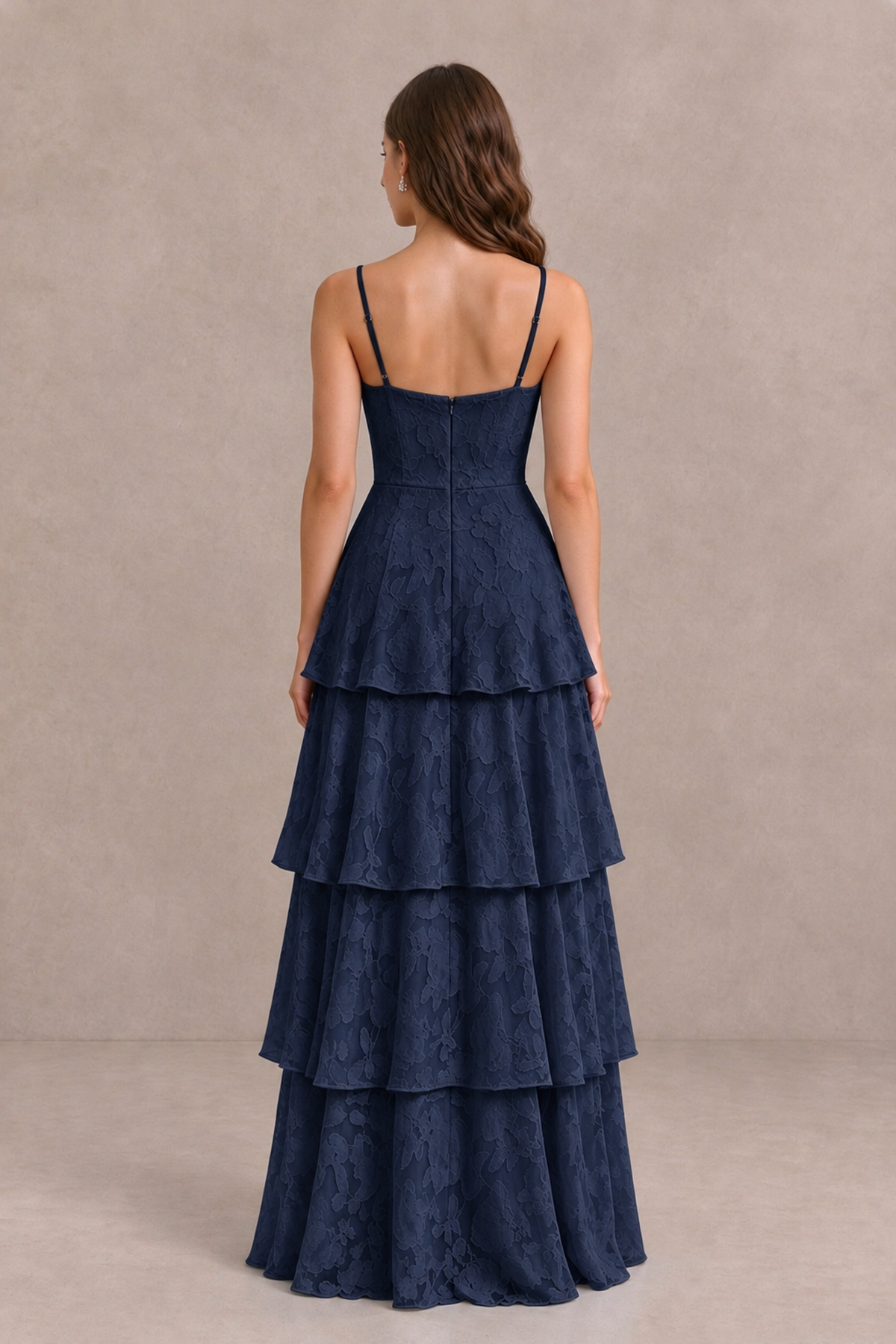 BOLODOO Navy Blue Tiered Floral-Textured Spaghetti Strap Maxi Dress - Navy Blue - Navy Blue_2