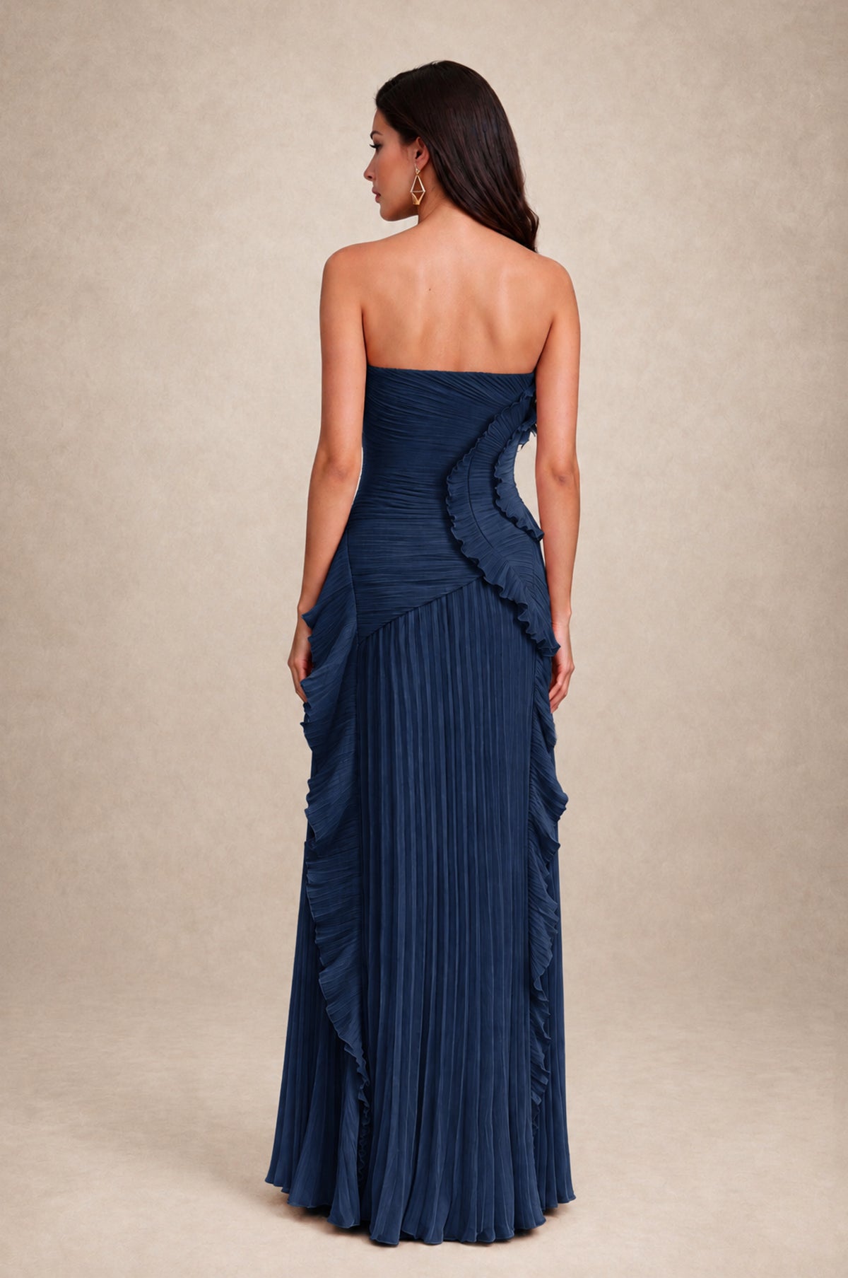BOLODOO Navy Blue Strapless Ruffle Pleated Slit Evening Gown - Navy Blue - Navy Blue_2