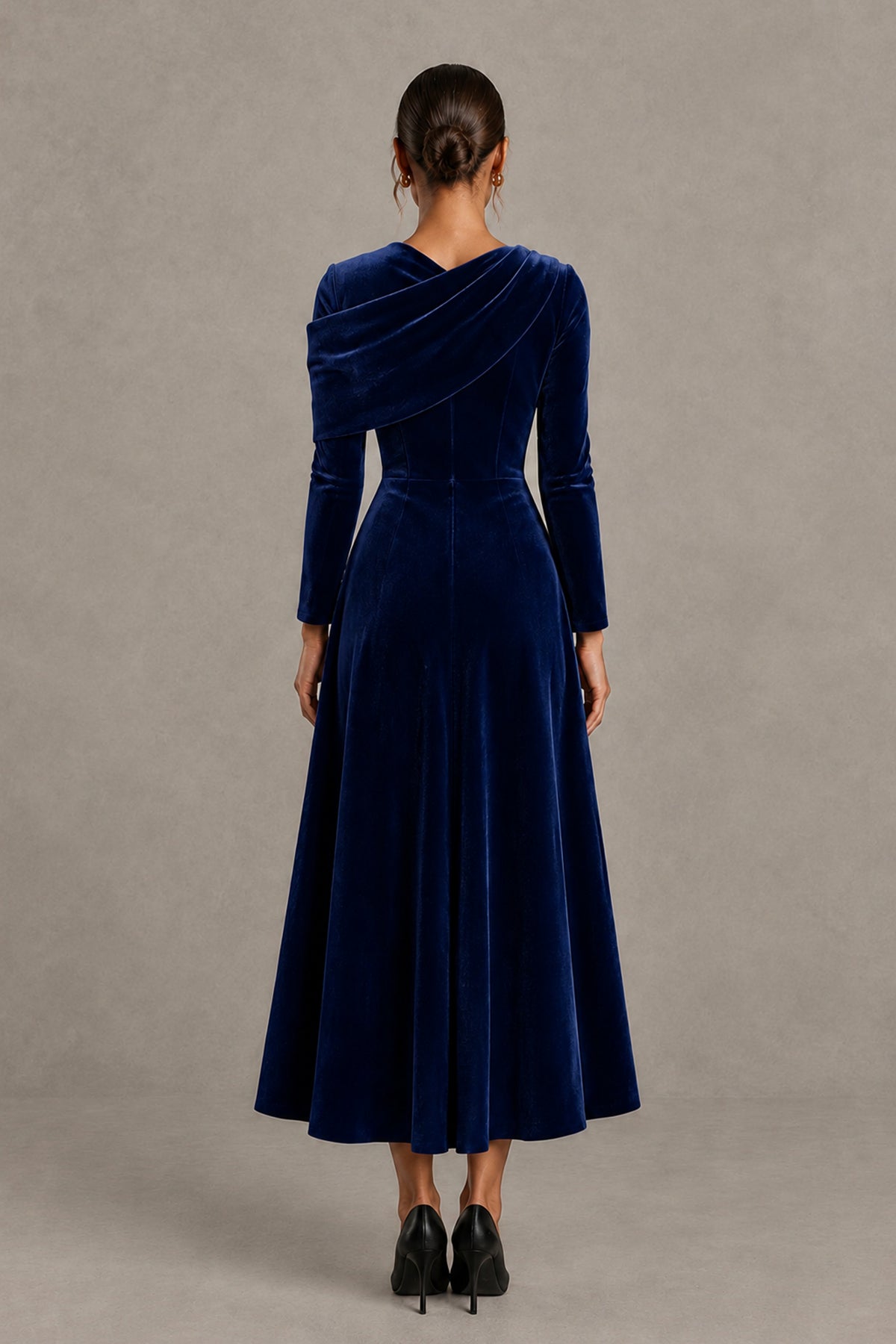 BOLODOO Navy Blue Velvet-Look Long Sleeve Tea-Length A-Line Dress with Draped Neckline - Navy Blue - Navy Blue_2