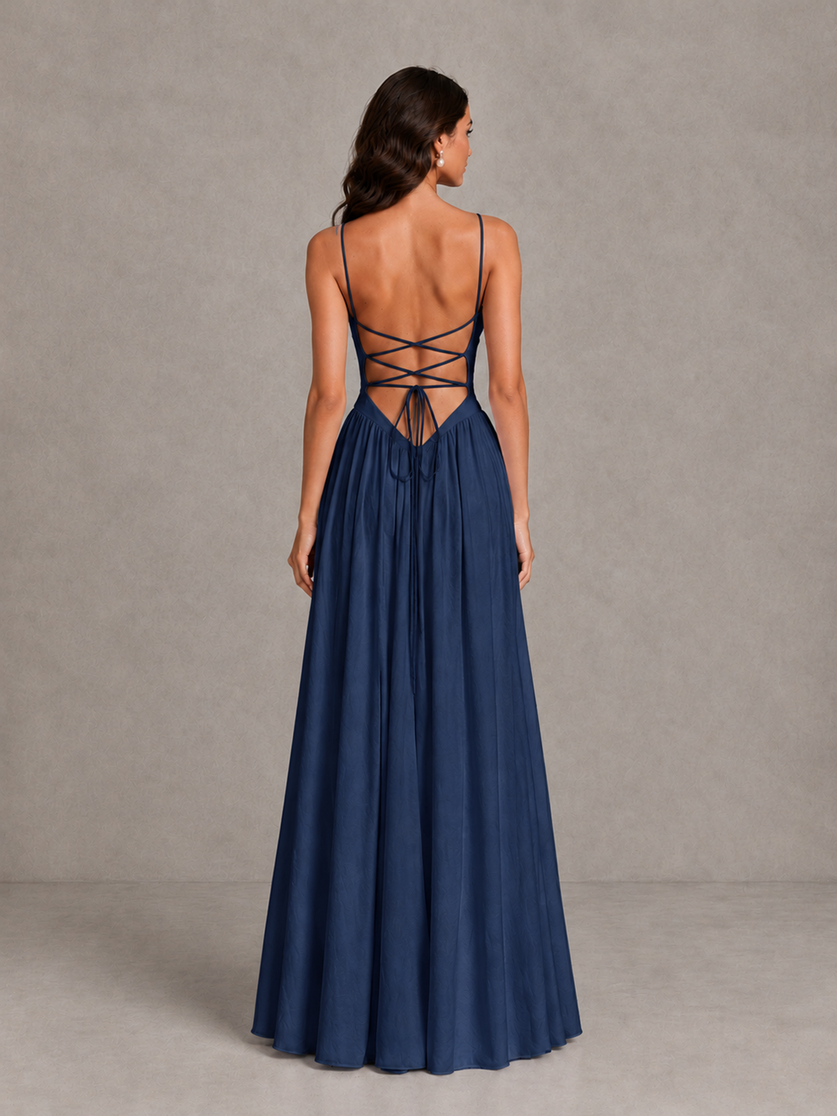 BOLODOO Navy Blue Lace-Up Back A-Line Bridesmaid Dress - Navy Blue - Navy Blue_2