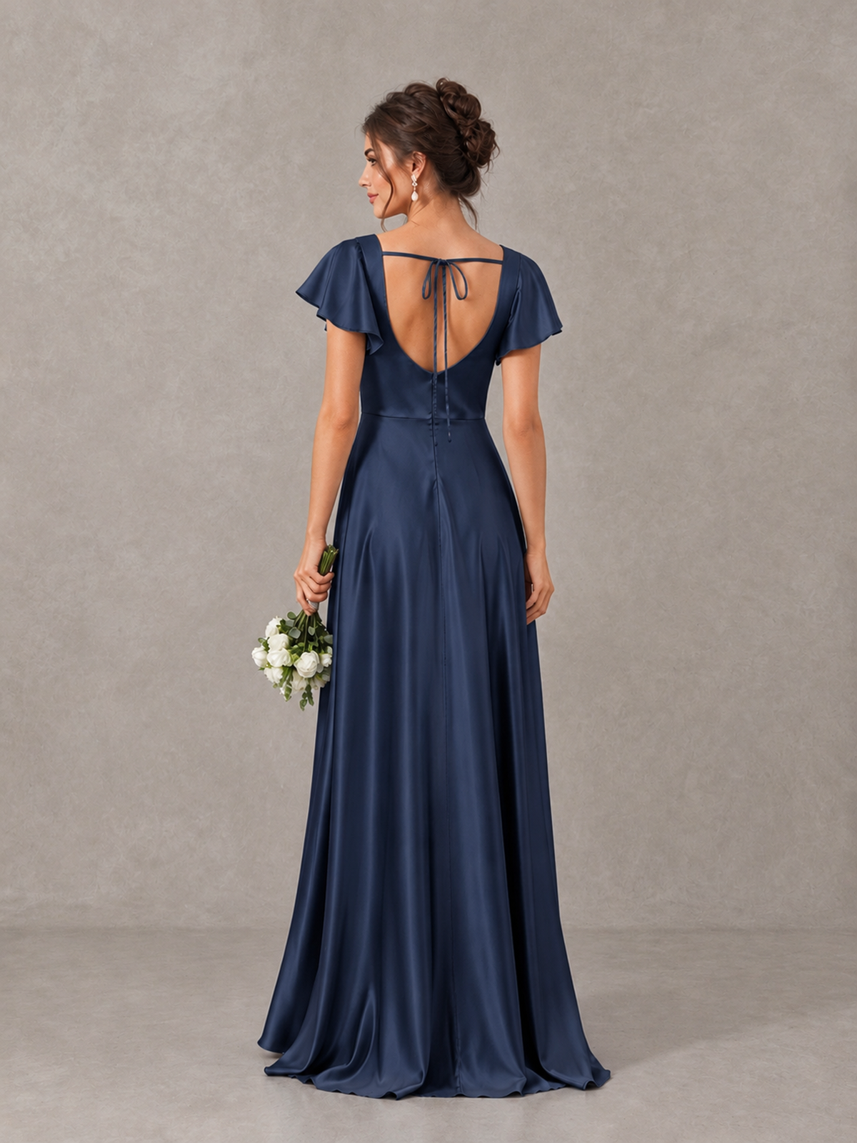 BOLODOO Navy Blue Satin Square Neck Flutter Sleeve A-Line Bridesmaid Dress with Slit - Navy Blue - Navy Blue_2