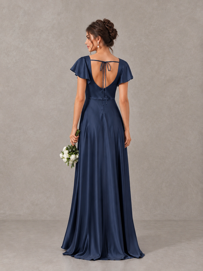 BOLODOO Navy Blue Satin Square Neck Flutter Sleeve A-Line Bridesmaid Dress with Slit - Navy Blue - Navy Blue_2