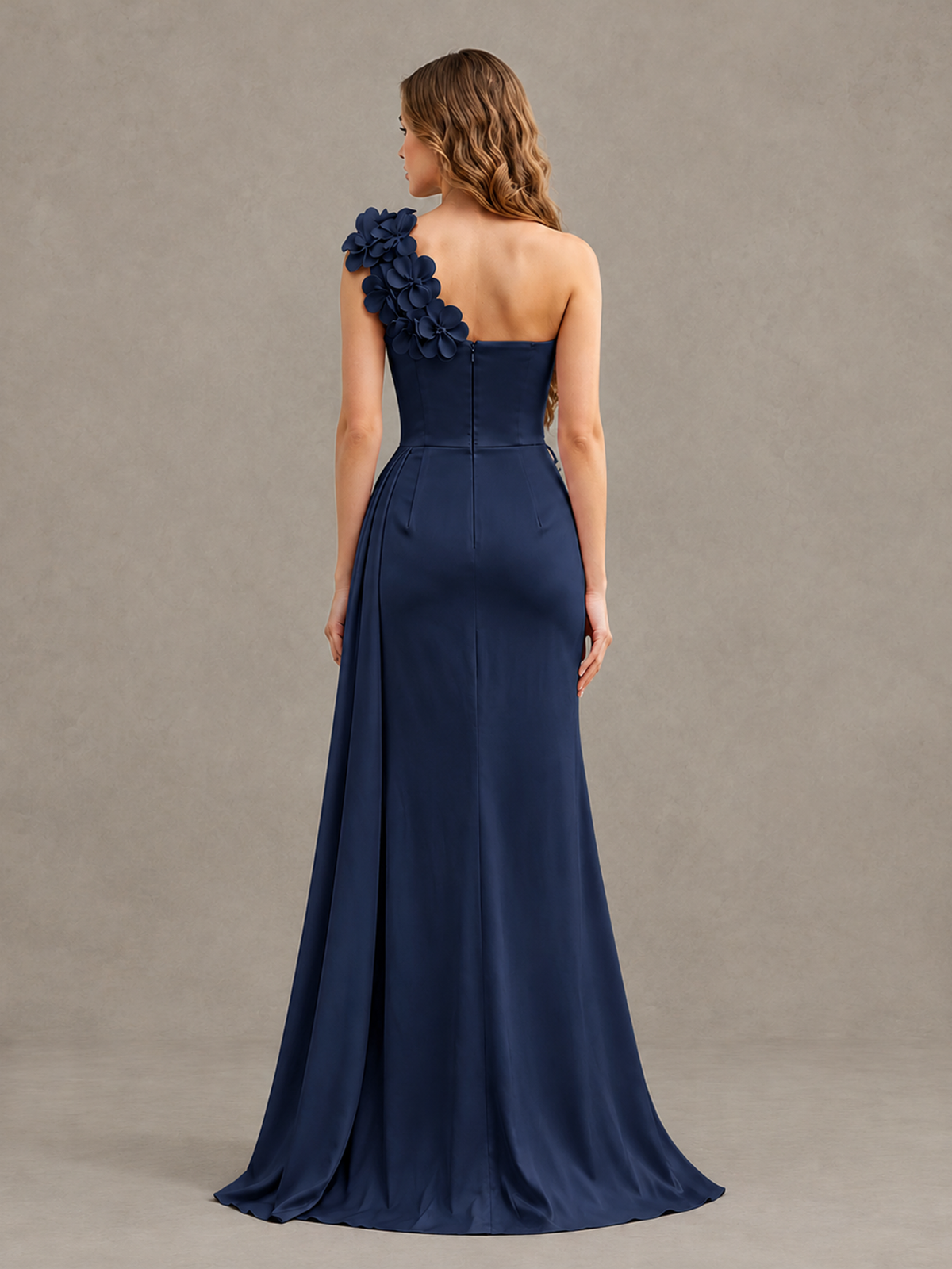 BOLODOO Navy Blue One-Shoulder Satin Mermaid Evening Gown with 3D Floral Appliqué - Navy Blue - Navy Blue_2