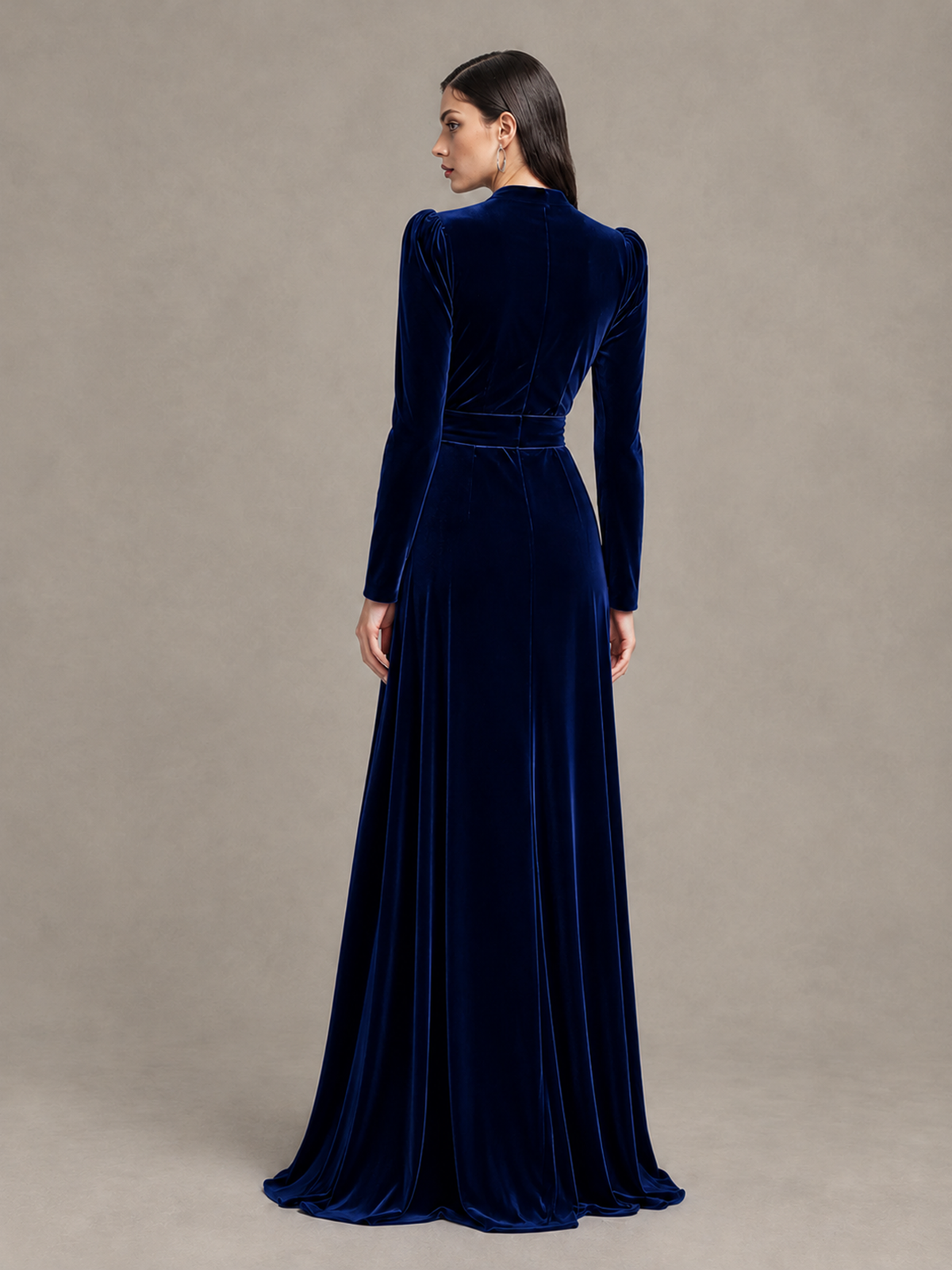 BOLODOO Navy Blue Long Sleeve Velvet-Look Evening Dress with High Slit - Navy Blue - Navy Blue_2