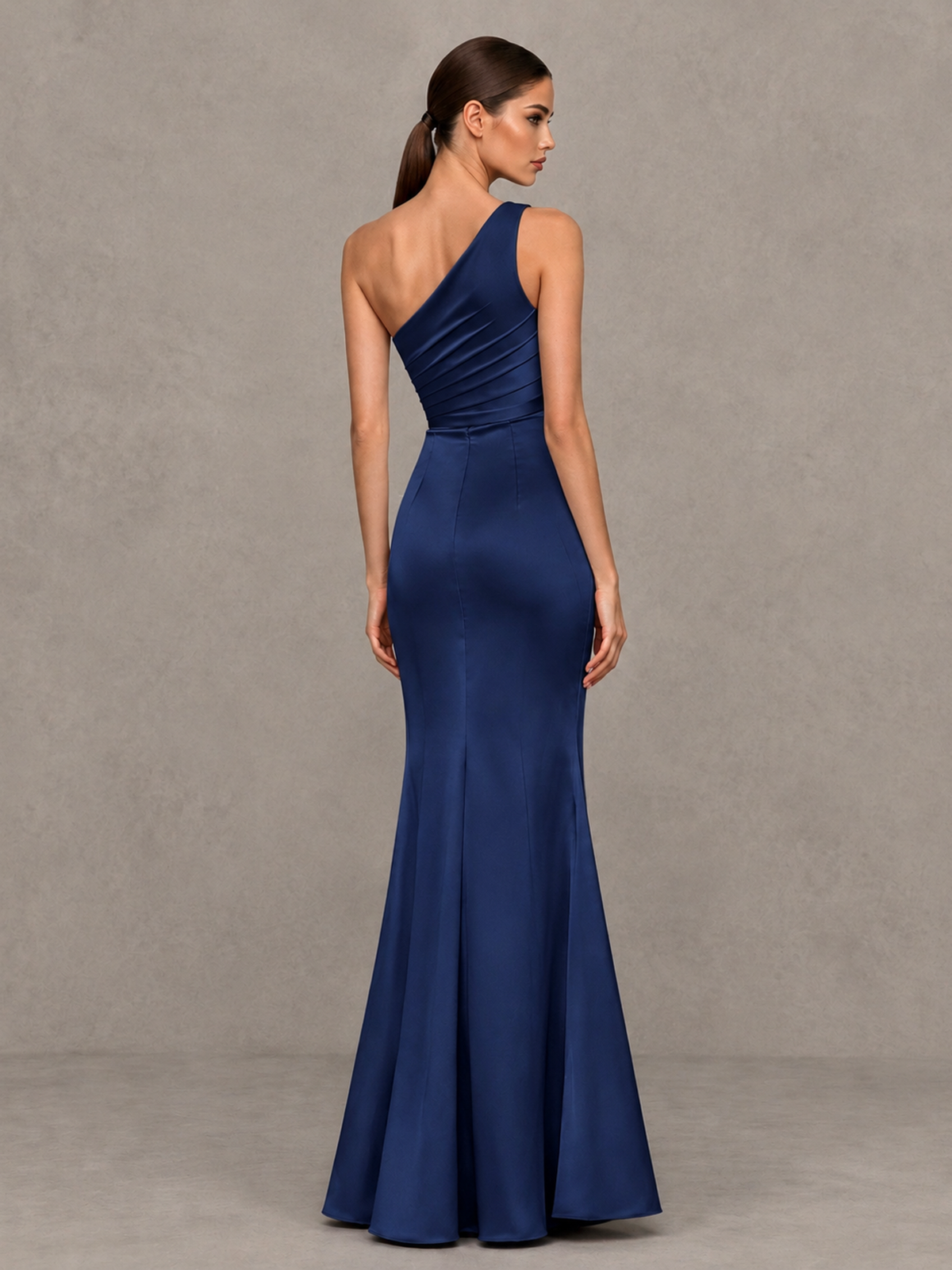 BOLODOO Navy Blue One-Shoulder Ruched Satin-Look Evening Gown with High Slit - Navy Blue - Navy Blue_2