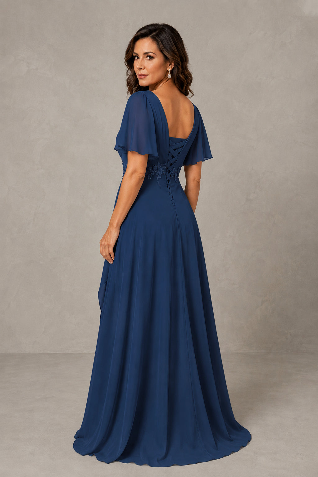 BOLODOO Navy Blue Chiffon V-Neck Flutter Sleeve Floral Applique Cascade Ruffle Lace-Up Back A-Line Maxi Evening Dress - Navy Blue