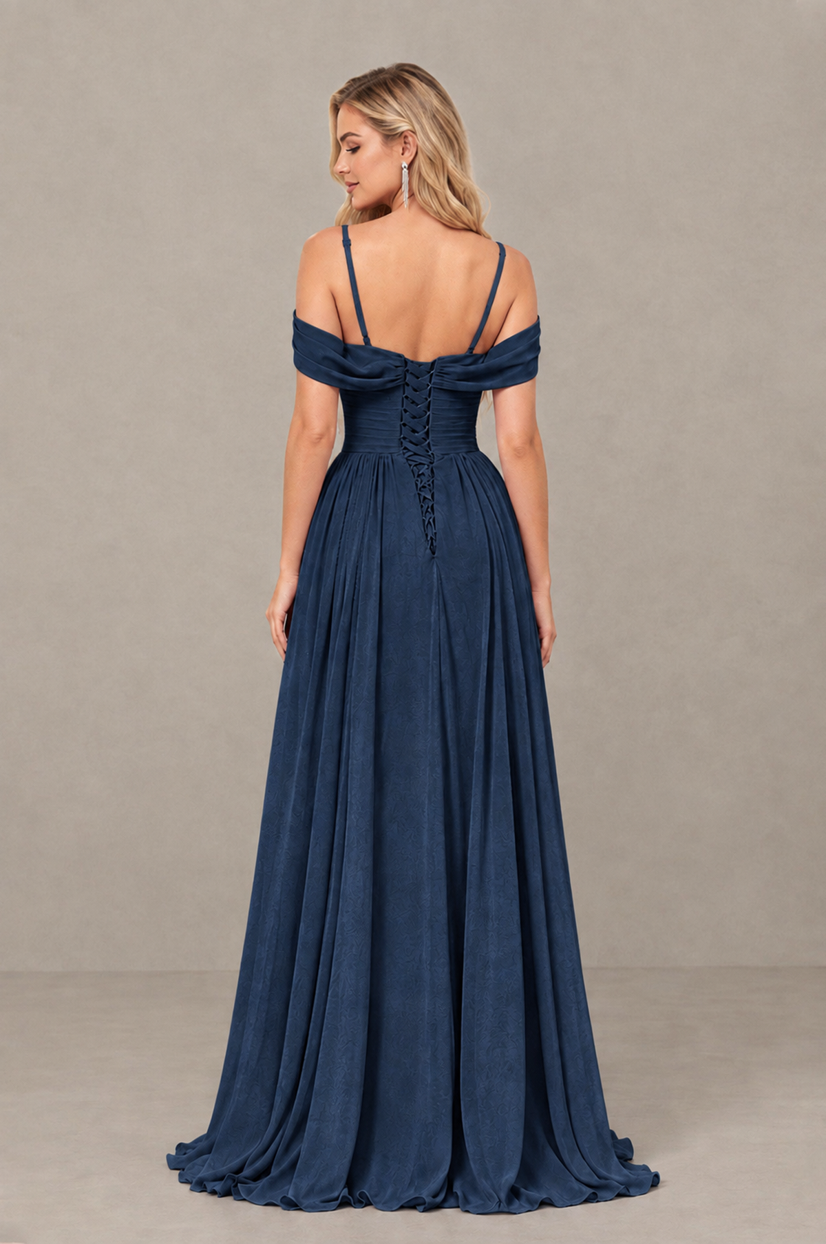 BOLODOO Navy Blue Off-Shoulder Bridesmaid Dress with Slit - Navy Blue