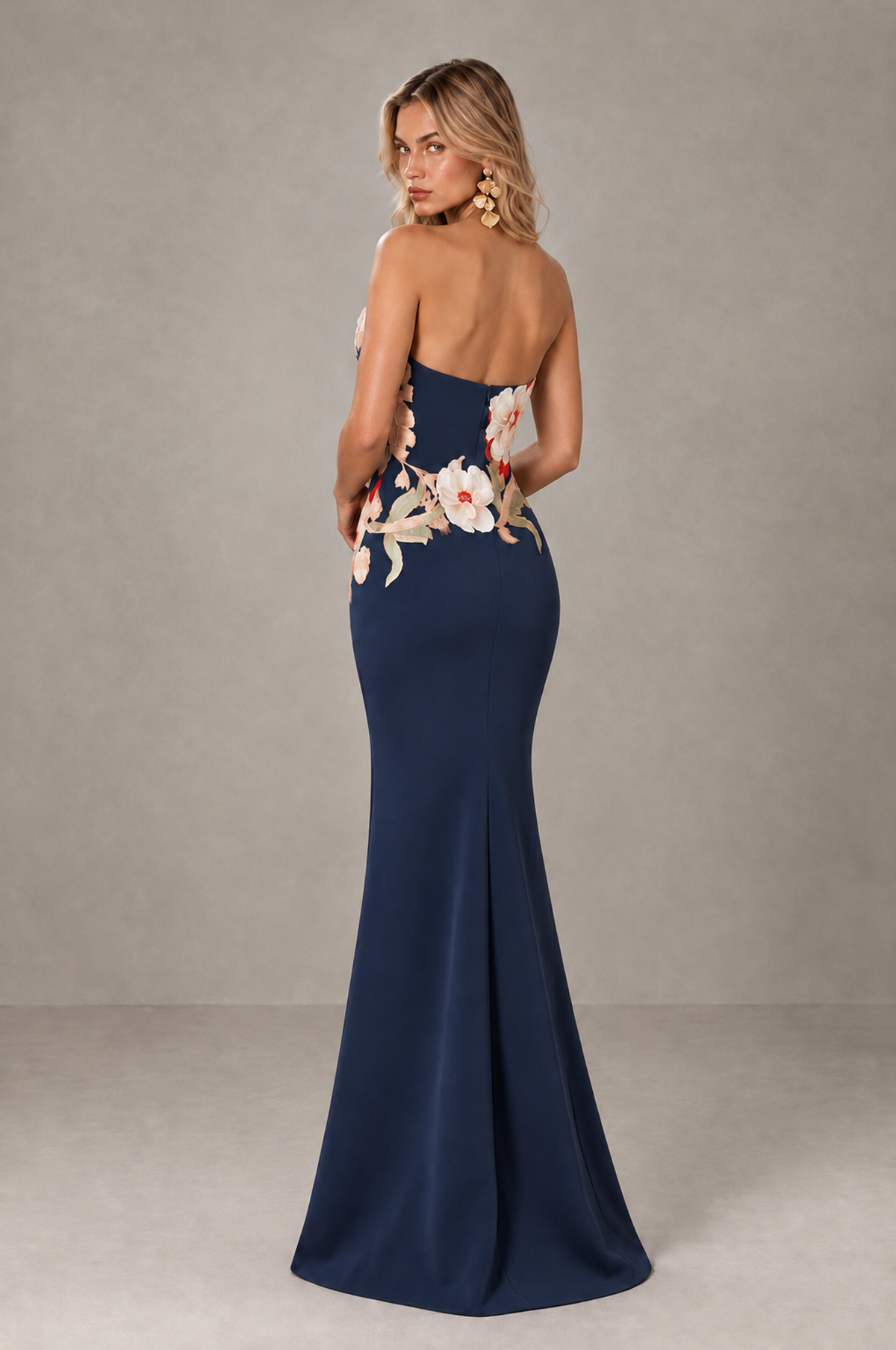 BOLODOO Navy Blue Strapless Floral Mermaid Evening Dress with Slit - Navy Blue - Navy_Blue_2