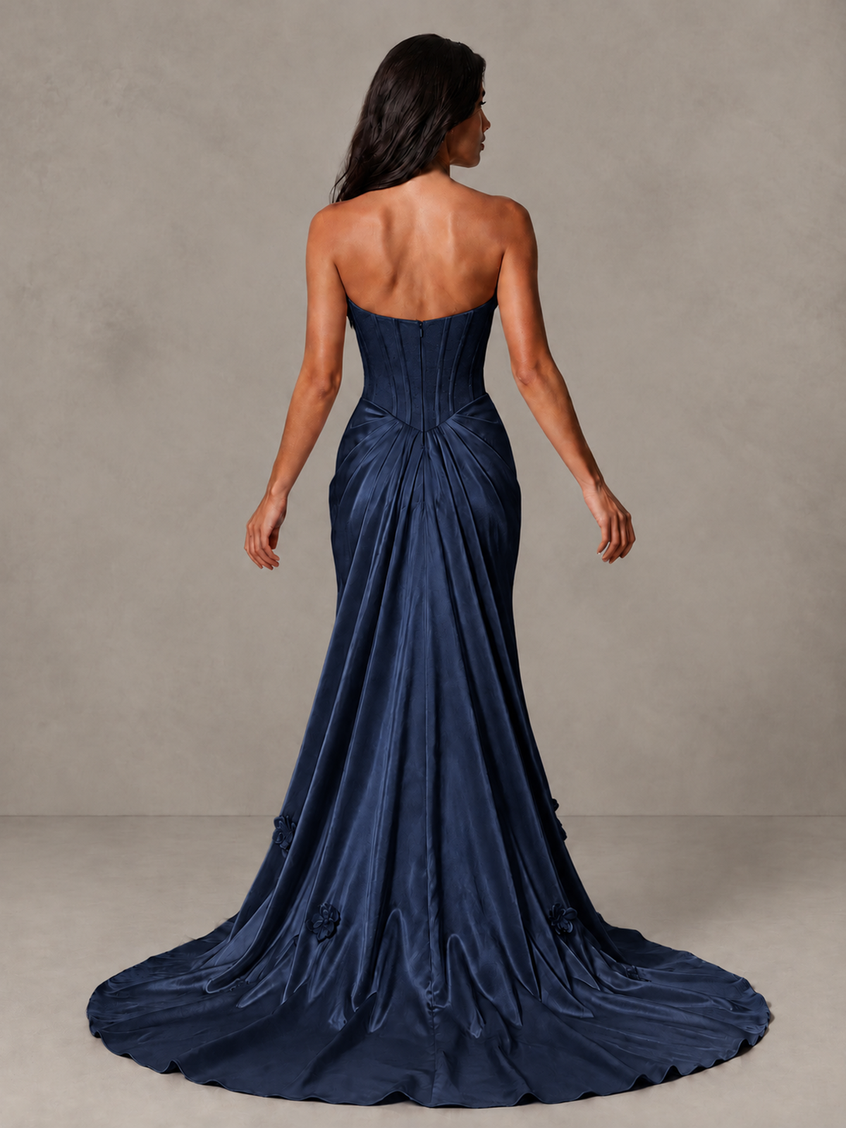 BOLODOO Navy Blue Strapless Floral Corset Evening Gown with Train - Navy Blue - Navy Blue_2