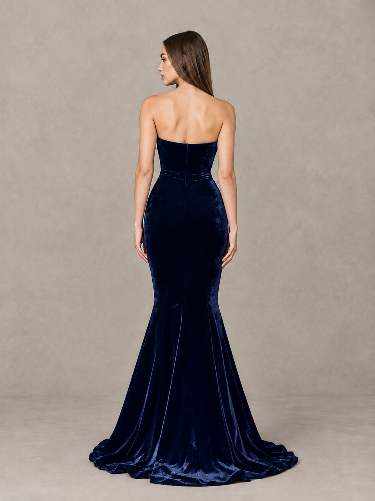 BOLODOO Navy Blue Strapless Sweetheart Velvet-Look Mermaid Evening Dress - Navy Blue - Navy Blue_2