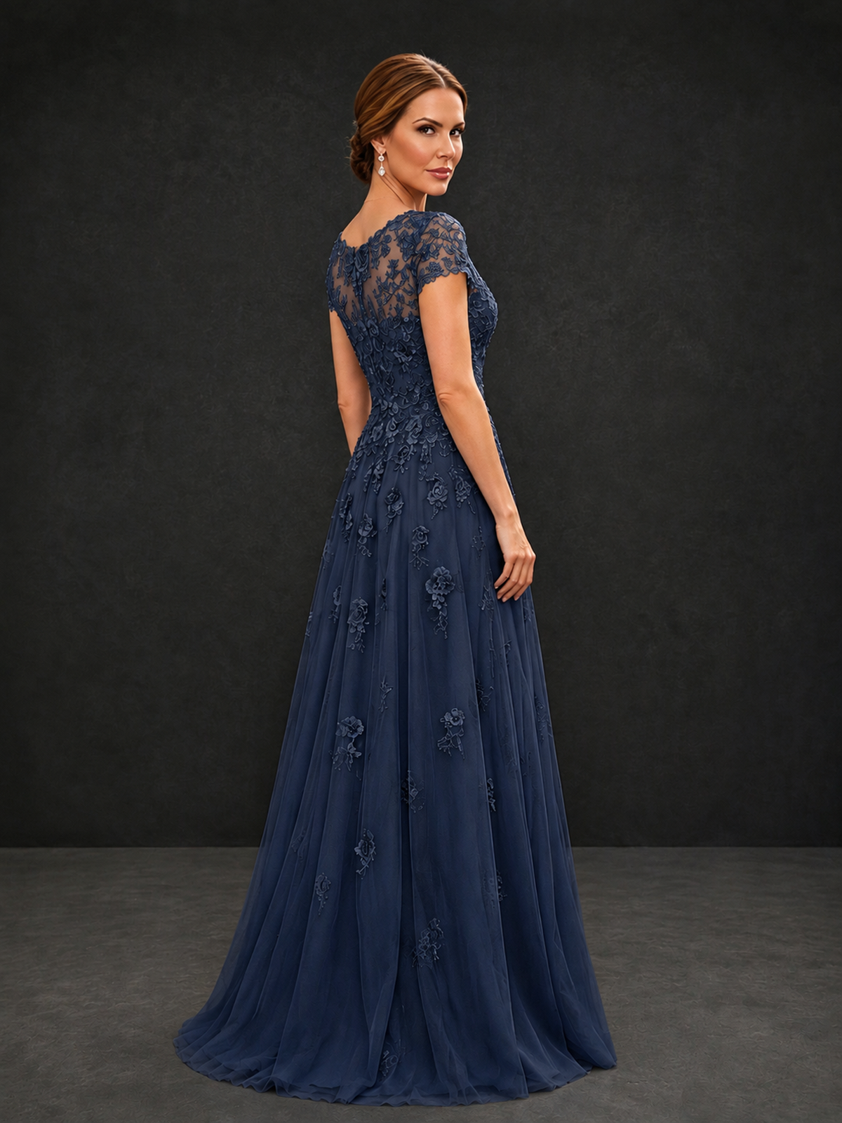 BOLODOO Navy Blue Cap Sleeve Lace Appliqué A-Line Formal Gown | Mother of the Bride Dress - Navy Blue - Navy Blue_2