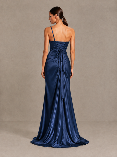 BOLODOO Navy Blue One Shoulder Satin Evening Gown with High Slit and Sweep Train - Navy Blue - Navy Blue_2