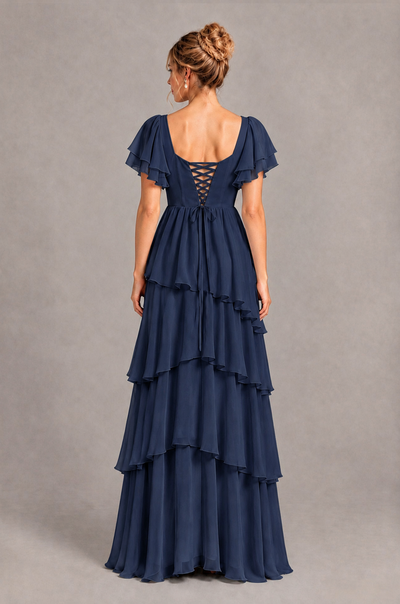 BOLODOO Navy Blue Square Neck Flutter Sleeve Tiered Chiffon Bridesmaid Dress with Lace-Up Back - Navy Blue - Navy Blue_2