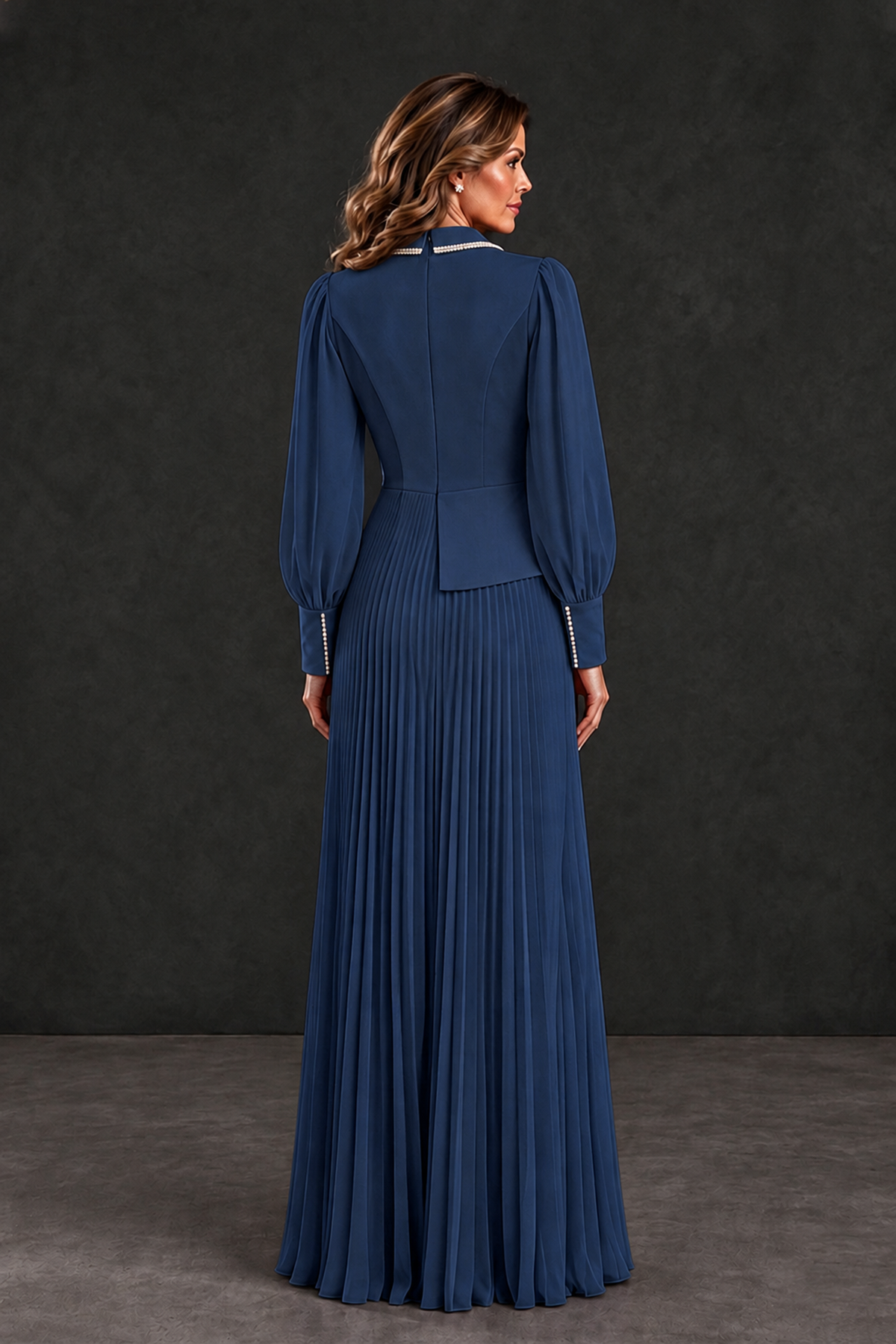 BOLODOO Navy Blue Long Sleeve Pleated Mother of the Bride Dress - Navy Blue - Navy Blue_2