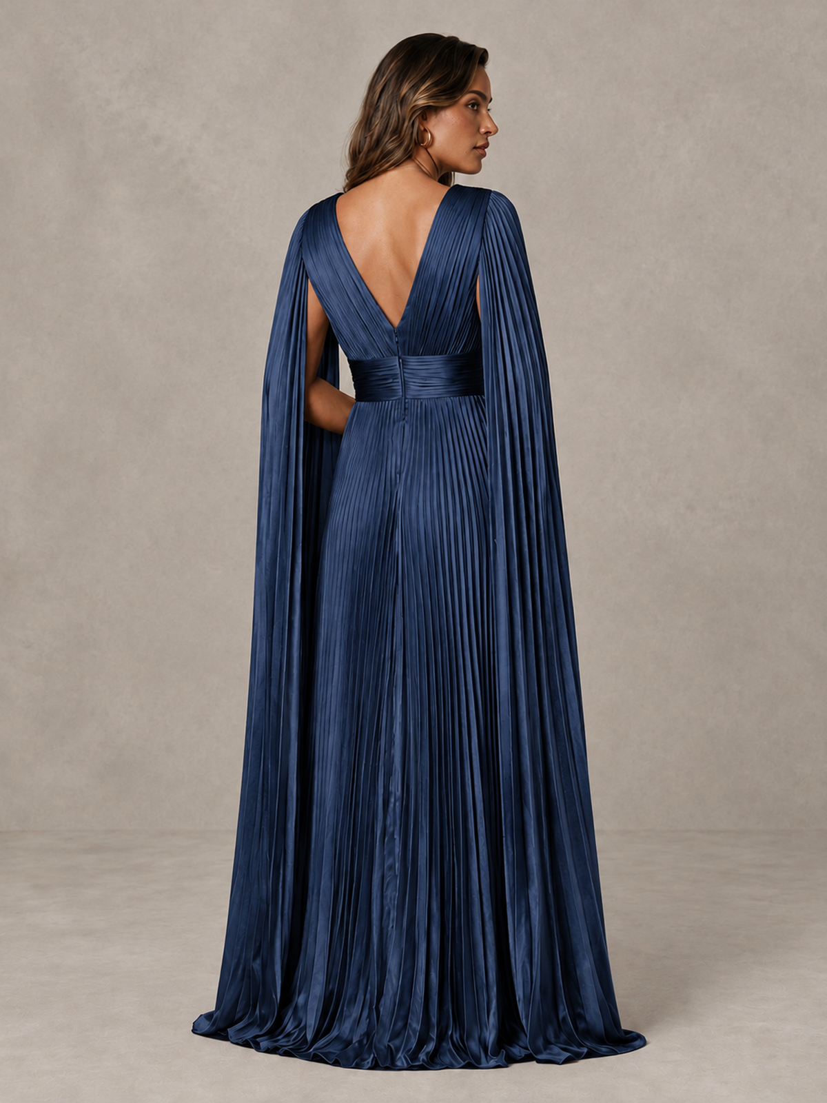 BOLODOO Navy Blue Deep V-Neck Pleated Cape Sleeve Evening Gown - Navy Blue - Navy Blue_2