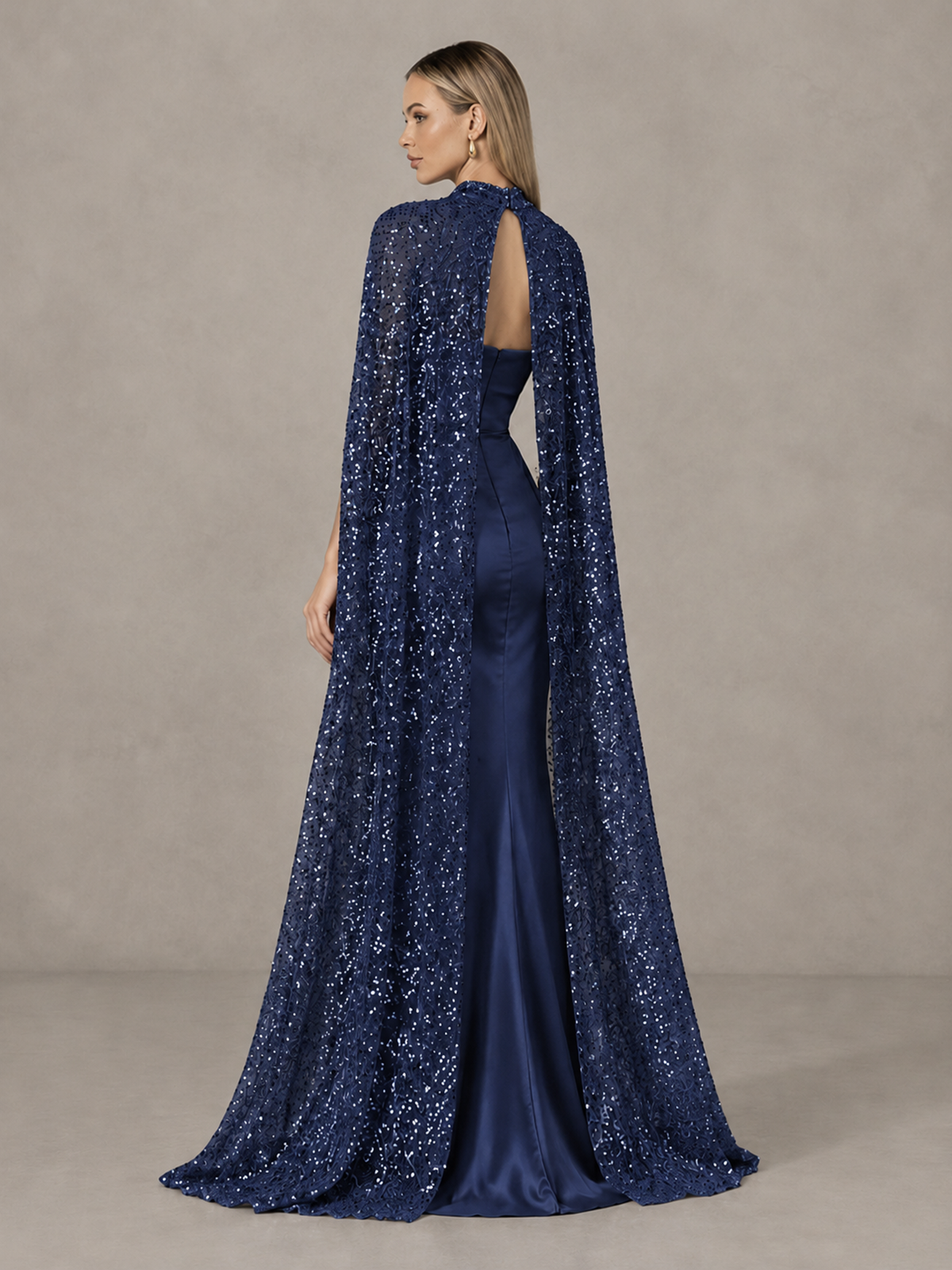 BOLODOO Navy Blue Strapless Satin-Look Evening Gown with Sequin Cape - Navy Blue - Navy_Blue_2