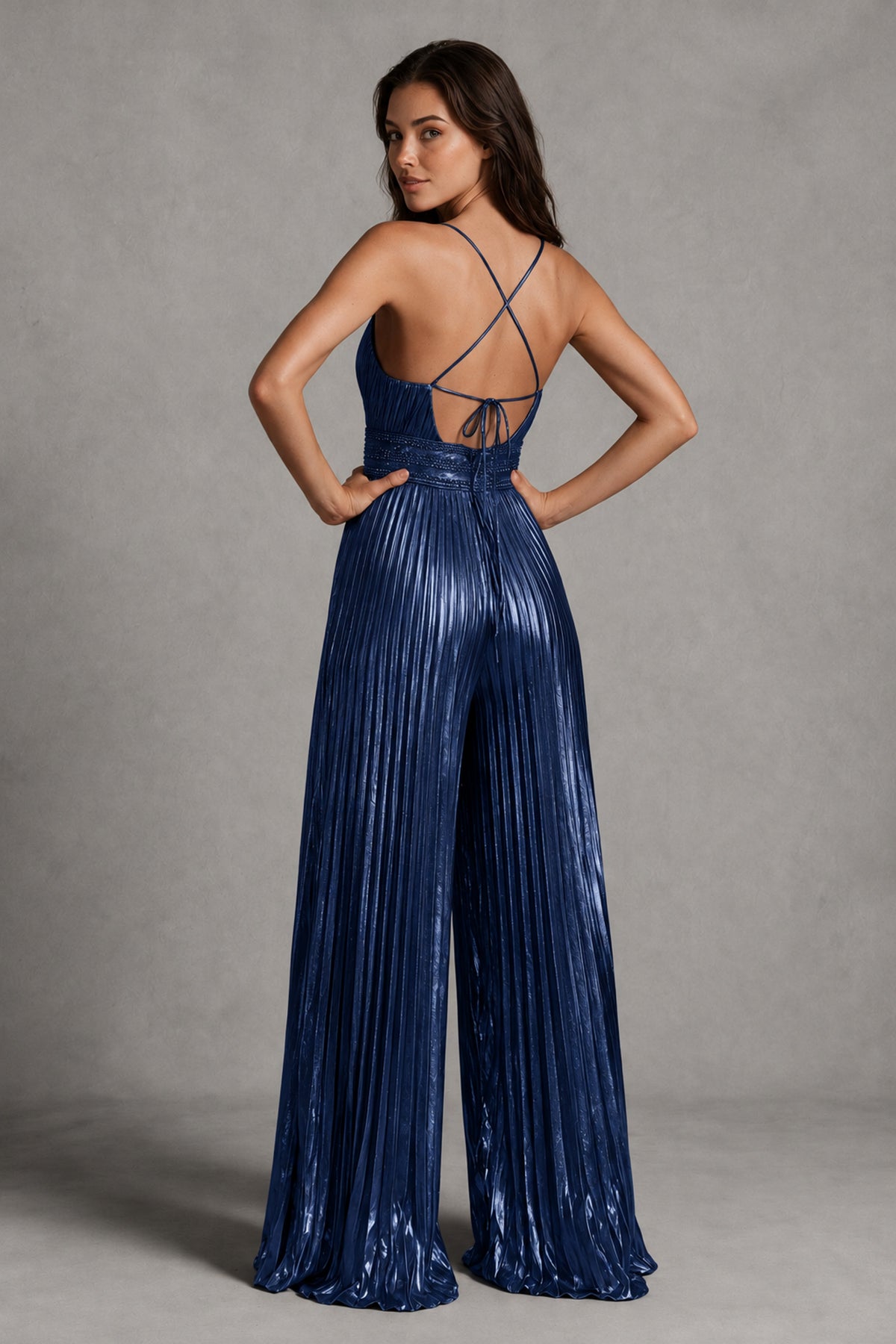BOLODOO Navy Blue Pleated Wide-Leg Jumpsuit with Open Back - Navy Blue