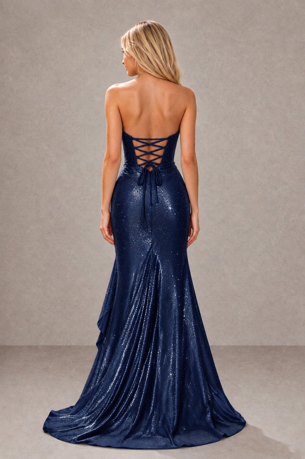 BOLODOO Navy Blue Strapless Corset Mermaid Prom Dress with Ruffle Slit - Navy Blue - Navy Blue_2