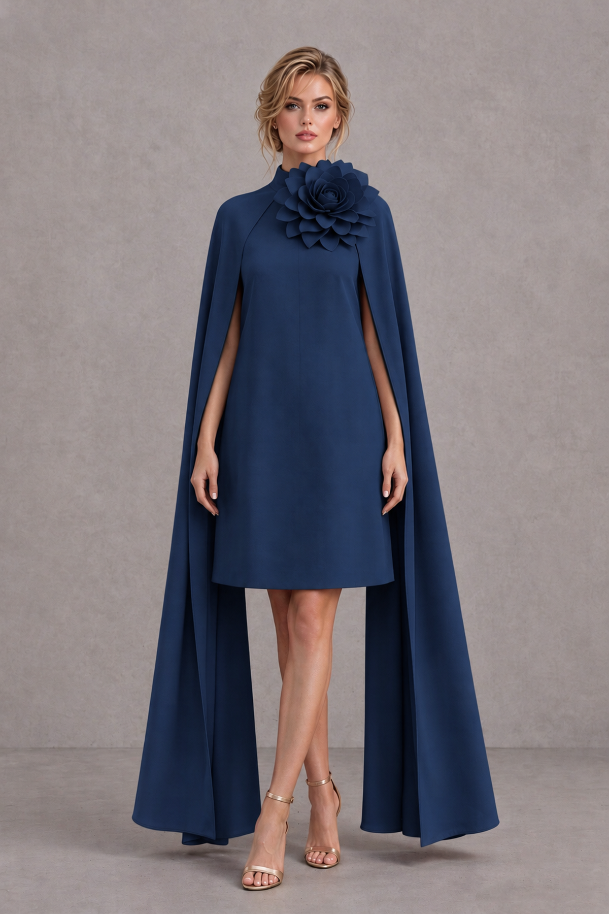 BOLODOO Navy Blue High Neck Floral Cape Mini Cocktail Dress - Navy Blue - Navy Blue_2