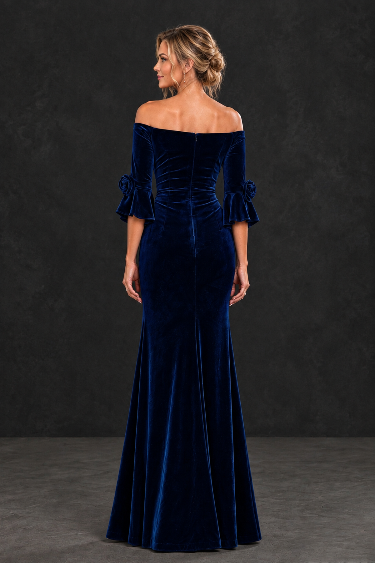 BOLODOO Navy Blue Velvet Off-Shoulder Mother of the Bride Dress – 3/4 Floral Cuff Sleeve Mermaid Evening Gown - Navy Blue - Navy Blue_2