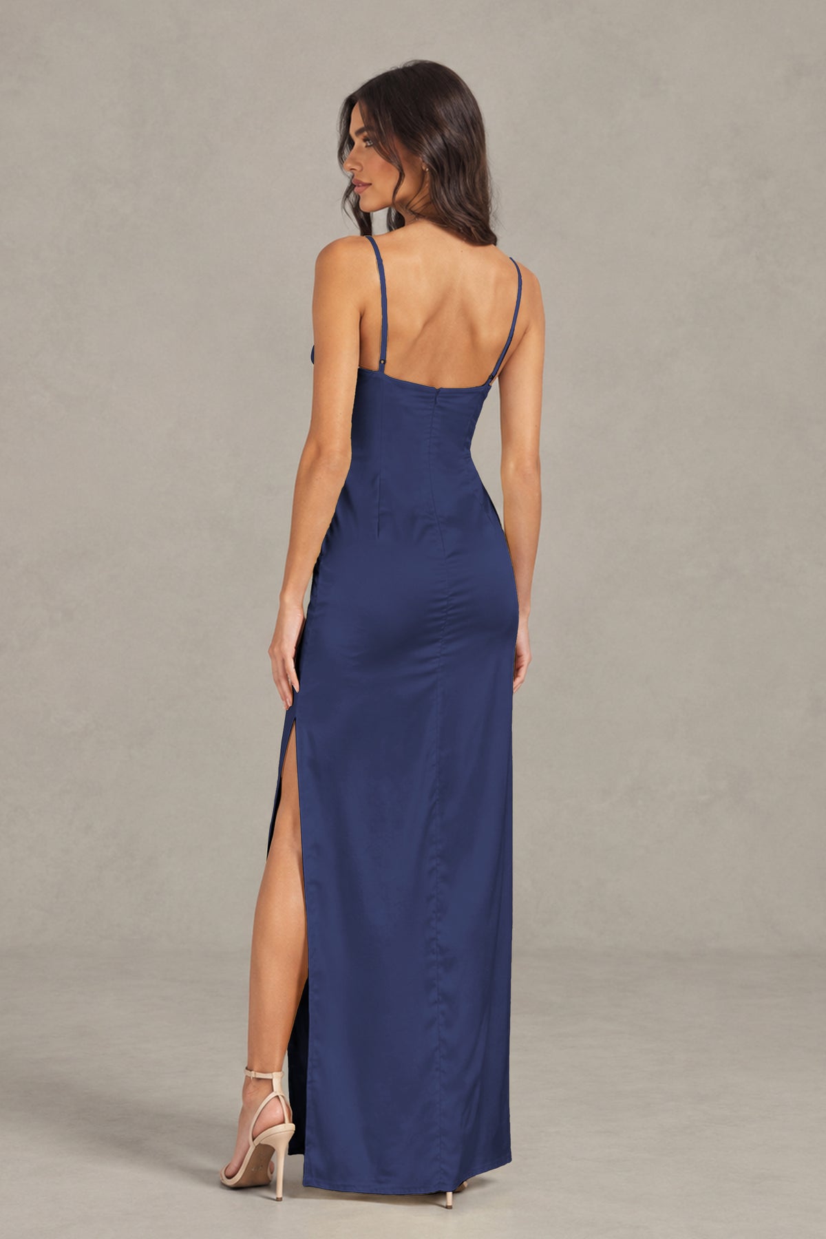 BOLODOO Navy Blue Satin Cowl Neck Open Back Mermaid Maxi Dress with Side Slit - Navy Blue