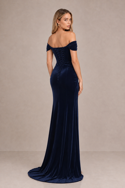 BOLODOO Navy Blue Velvet Off-Shoulder Ruched High Slit Evening Dress - Navy Blue - Navy_Blue_2